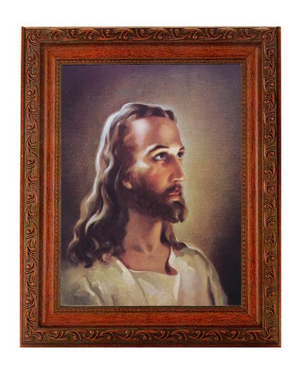 Religious Wall Art - Framed Head of Christ Painting in Large Antiqued Dark Mahogany with Acanthus Leaf Detailing - Perfect for Home Chapel, Church Decor & Christian Gift