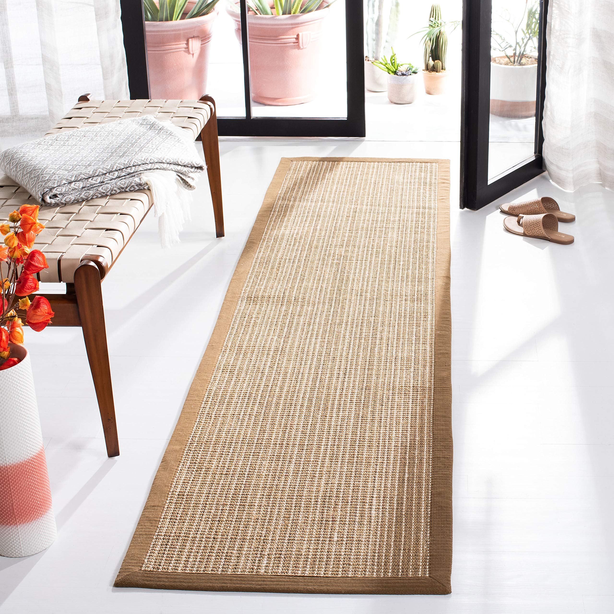SAFAVIEH Natural Fiber Collection Runner Rug - 2' x 12', Tan & Tan, Border Stripe Sisal Design - Easy Care, Durable & Non-Slip - Perfect for High Traffic Areas in Living Room, Bedroom, Hallway & Entryway (NF442D)