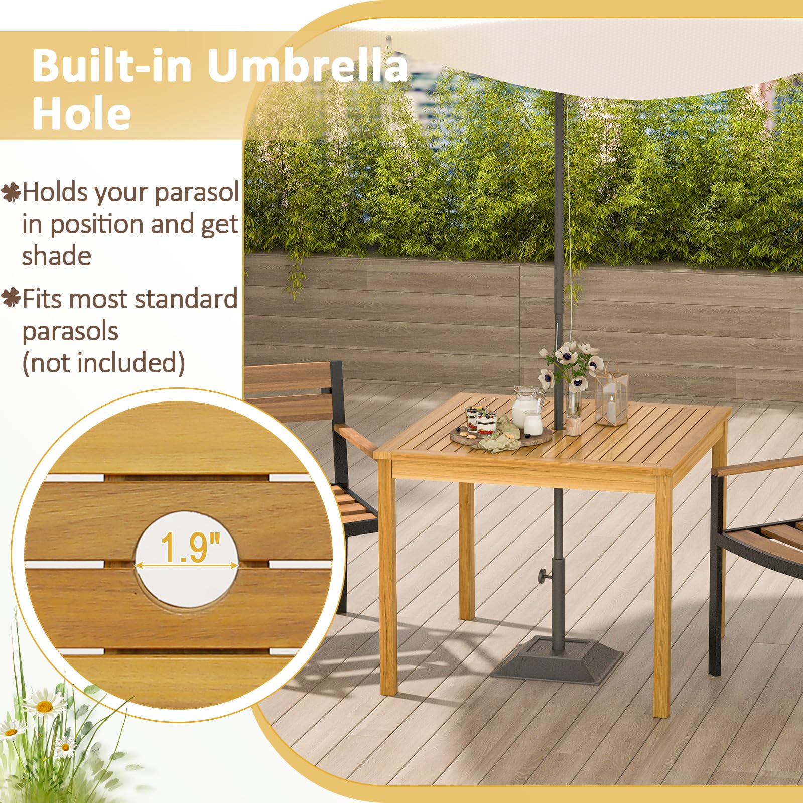 Tangkula 4-Person Square Outdoor Dining Table - Acacia Wood Patio Table with 1.9