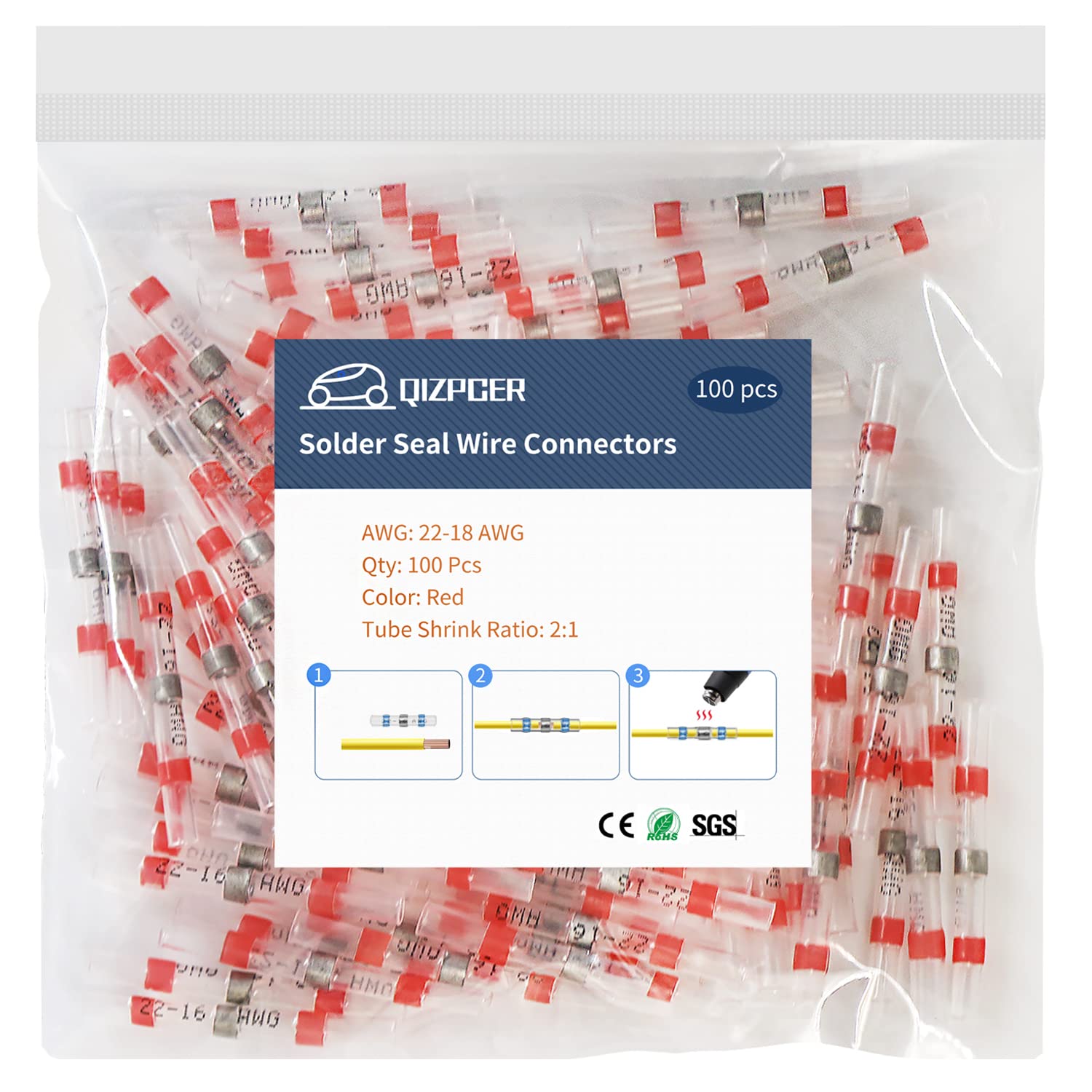 100 Pcs Solder Seal Wire Connectors - 22-16 AWG Heat Shrink Solder Connectors, Waterproof Electrical Wire Splice, Butt Terminal for Automotive, Marine & Home Wiring Repairs