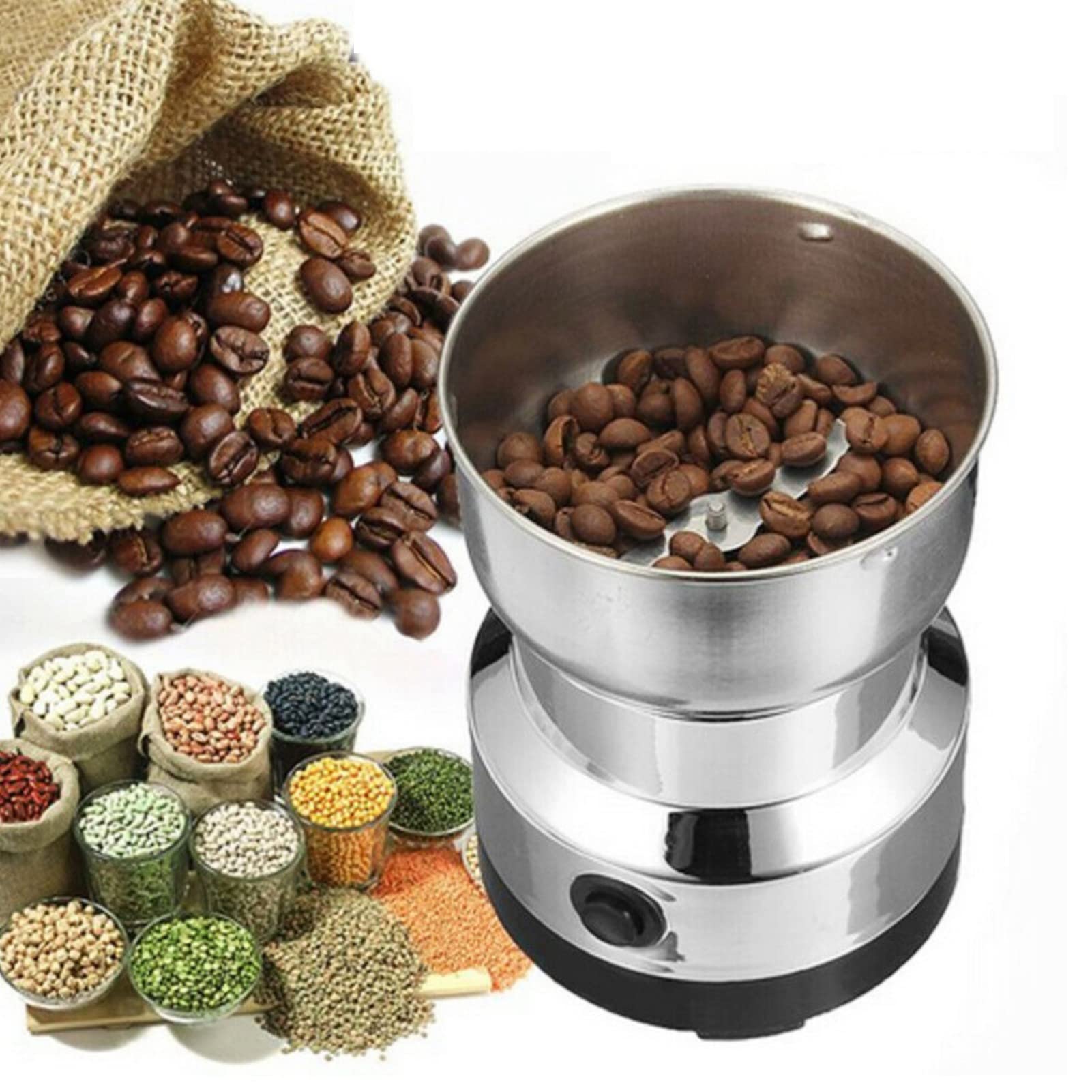 Electric Coffee Grinder - Stainless Steel Grain Mill & Blender for Coffee Beans, Herbs, Spices, Nuts - Automatic Kitchen Grinding Tool for Fresh Coffee & Baking at Home