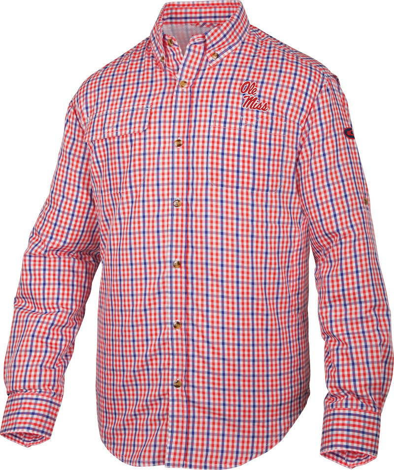 Ole Miss Gingham Plaid Long Sleeve Shirt for Men - Classic Oxford Button Down Casual Wear for Hunting, Outdoor Activities & Game Day
