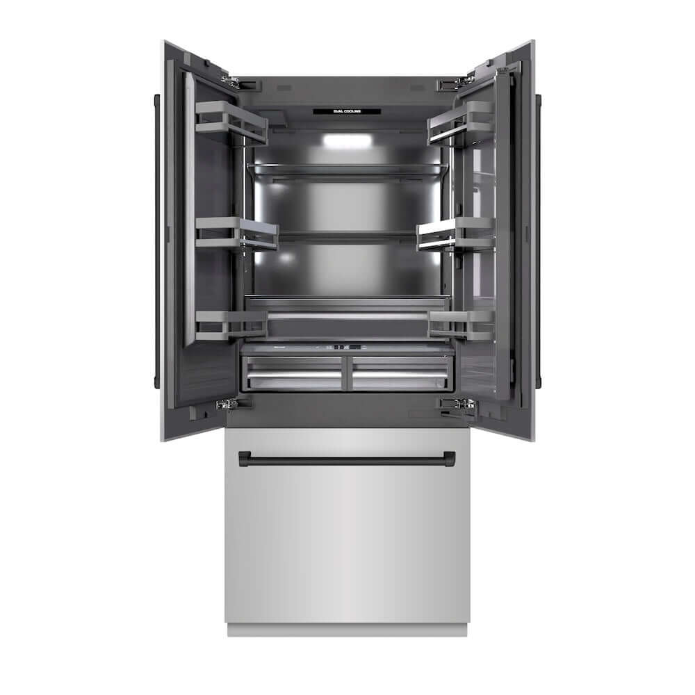 ZLINE Autograph Edition 36 Inch 19.6 Cu Ft French Door Built-In Bottom Freezer Refrigerator with Water Dispenser & Ice Maker - Stainless Steel with Graphite Gray Interior & Matte Black Accents (GRBIVZ 304 36MB) | Perfect for Modern Kitchens & Open Concept Homes
