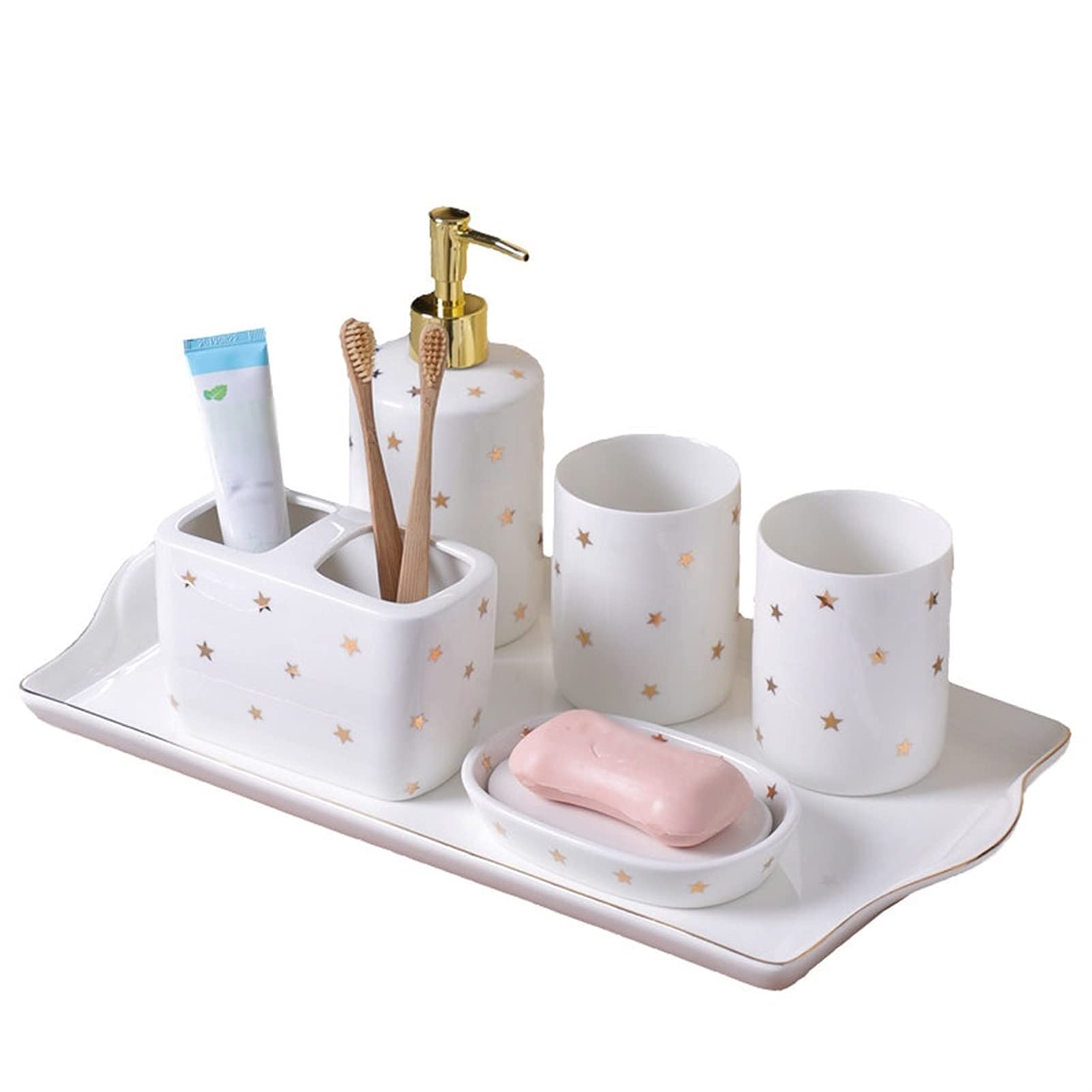 Premium 6-Piece Ceramic Bathroom Accessories Set - Liquid Hand Soap Dispenser, Lotion Dispenser, Toothbrush Holder, Tumbler, Soap Dish & Tray - Elegant Hotel & Home Bathroom Decor for Spa-Like Experience