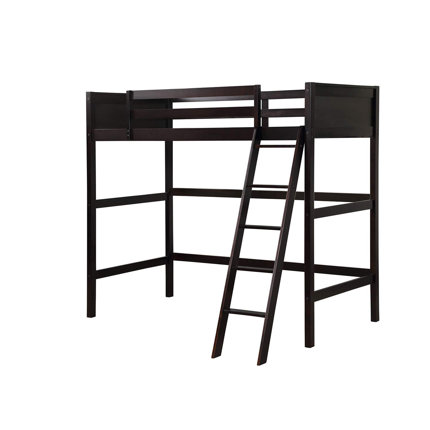 Knocbel Twin Size Loft Bed Frame with Wooden Slats, Safety Guard Rail & Angled Ladder - Sturdy Wood Platform Bed in Espresso Finish | Perfect for Kids' Rooms, Small Apartments & Dorm Spaces