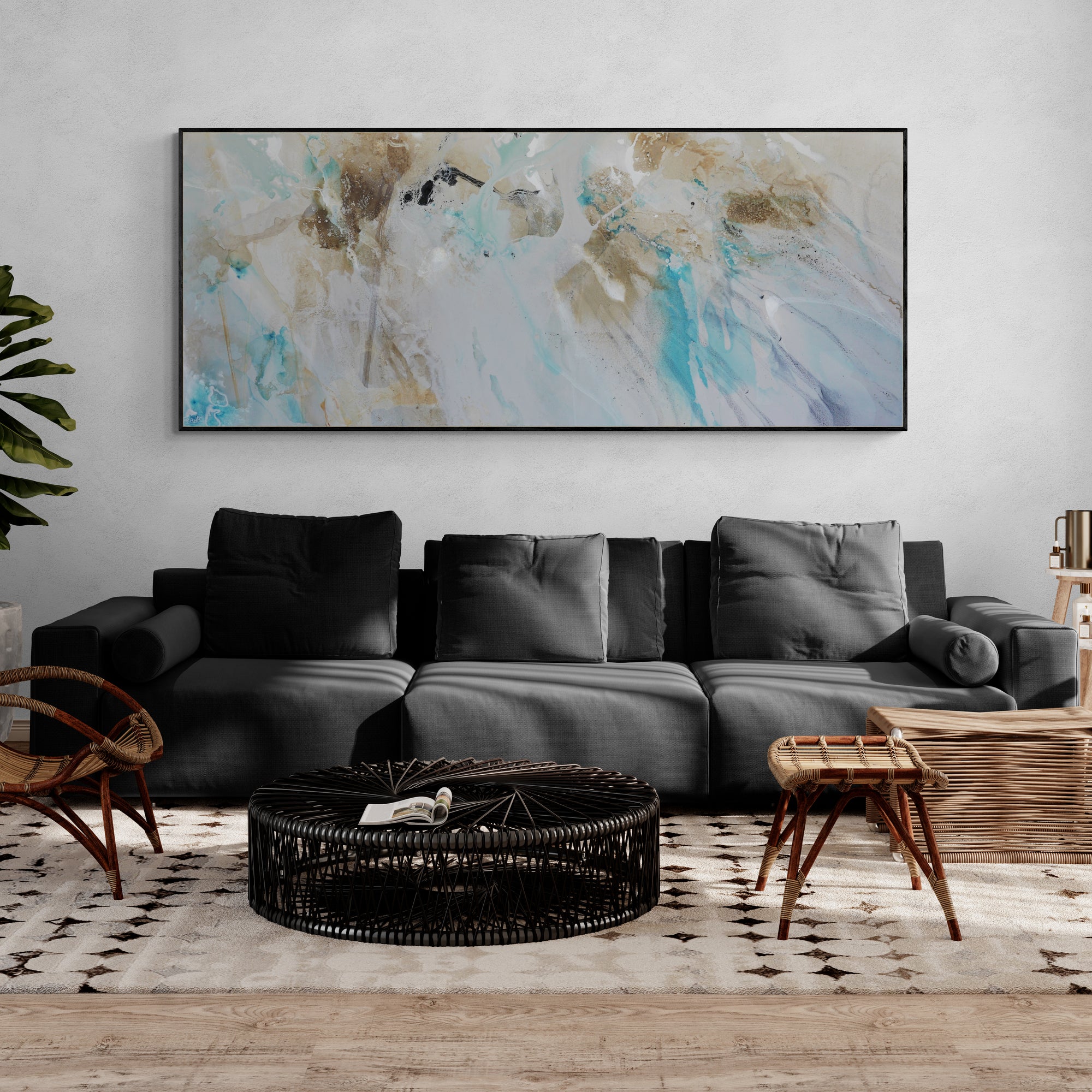 Abstract Teal Rust Cream White Blended Painting - 240cm x 100cm Large Wall Art for Living Room, Bedroom & Office Decor | Premium Canvas Artwork