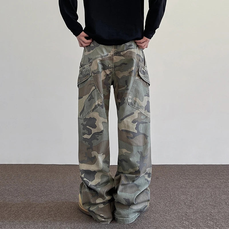 Men's American Style Cargo Pants - Camouflage Print, Wide Leg, Loose Fit Streetwear Trousers for Casual Wear | Perfect for Spring Outfits, Urban Fashion & Outdoor Activities