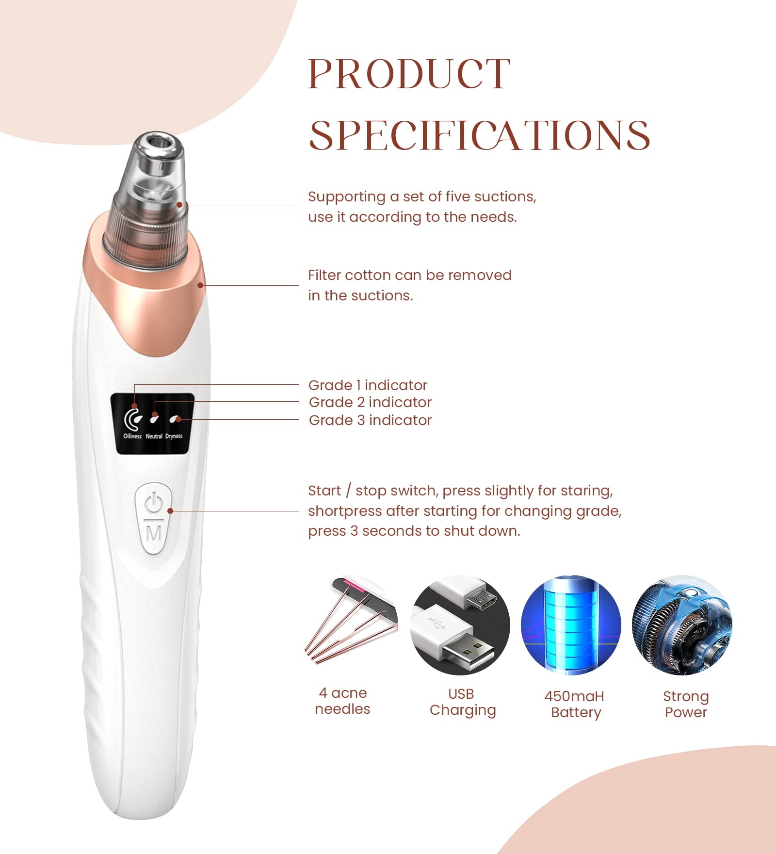 Electric Blackhead Remover Vacuum - 5 Suction Power & Probes for Deep Pore Cleaning | Facial Care at Home
