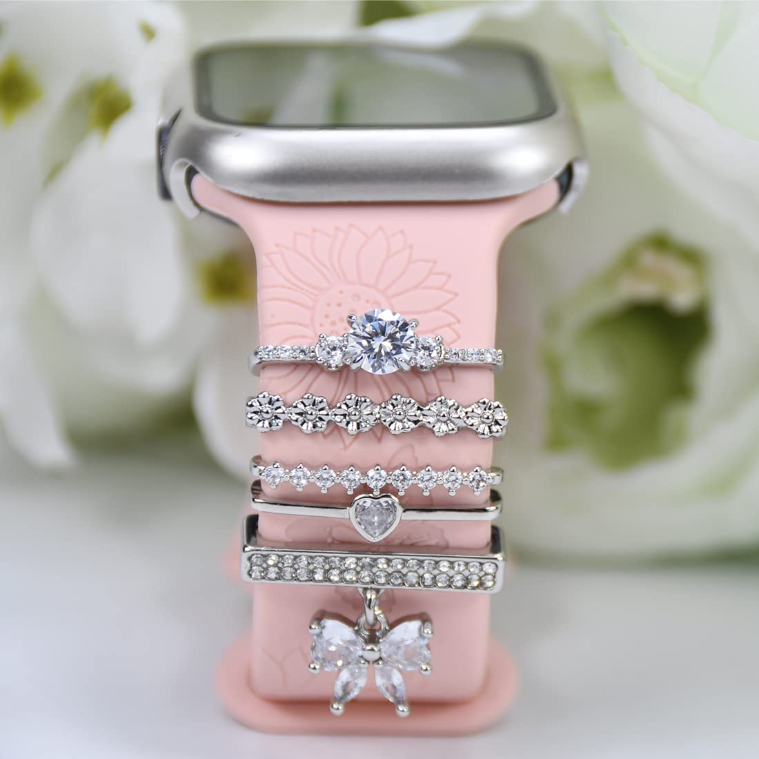 Apple Watch Band Charms - Decorative Metal Jewelry Rings & Loops for Women - Compatible with Apple Watch Series SE/9/8/7/6/5/4/3/2/1 (38mm-49mm) & Samsung Galaxy Watch 5/Pro/4 & Fitbit - Stylish Watch Accessories for Everyday Wear & Special Occasions