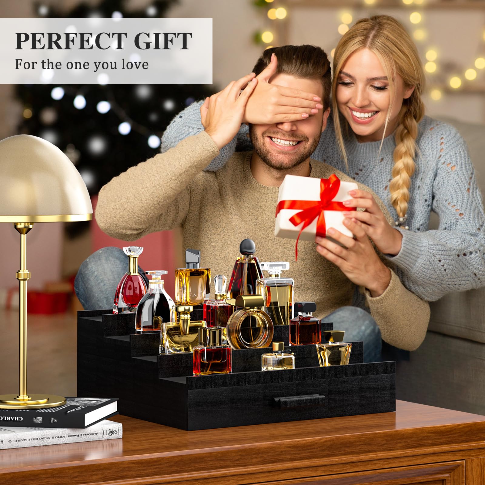 4-Tier Wooden Cologne Organizer for Men with Drawer Storage - Elevated Perfume Display Stand & Storage Riser - Perfect for Dresser, Bathroom, or Vanity - Great Gift Idea (Black)