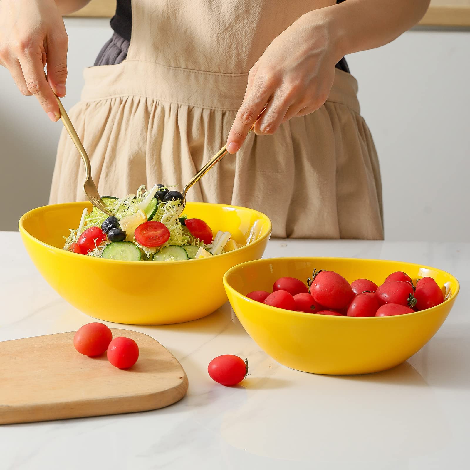 Hasense 42oz Ceramic Serving Bowls Set of 4 - Large Oval Pasta & Salad Mixing Bowls for Soup, Popcorn, Side Dishes - Durable Entertaining Dishes for Parties, Family Dinners & Kitchen Use (Yellow)