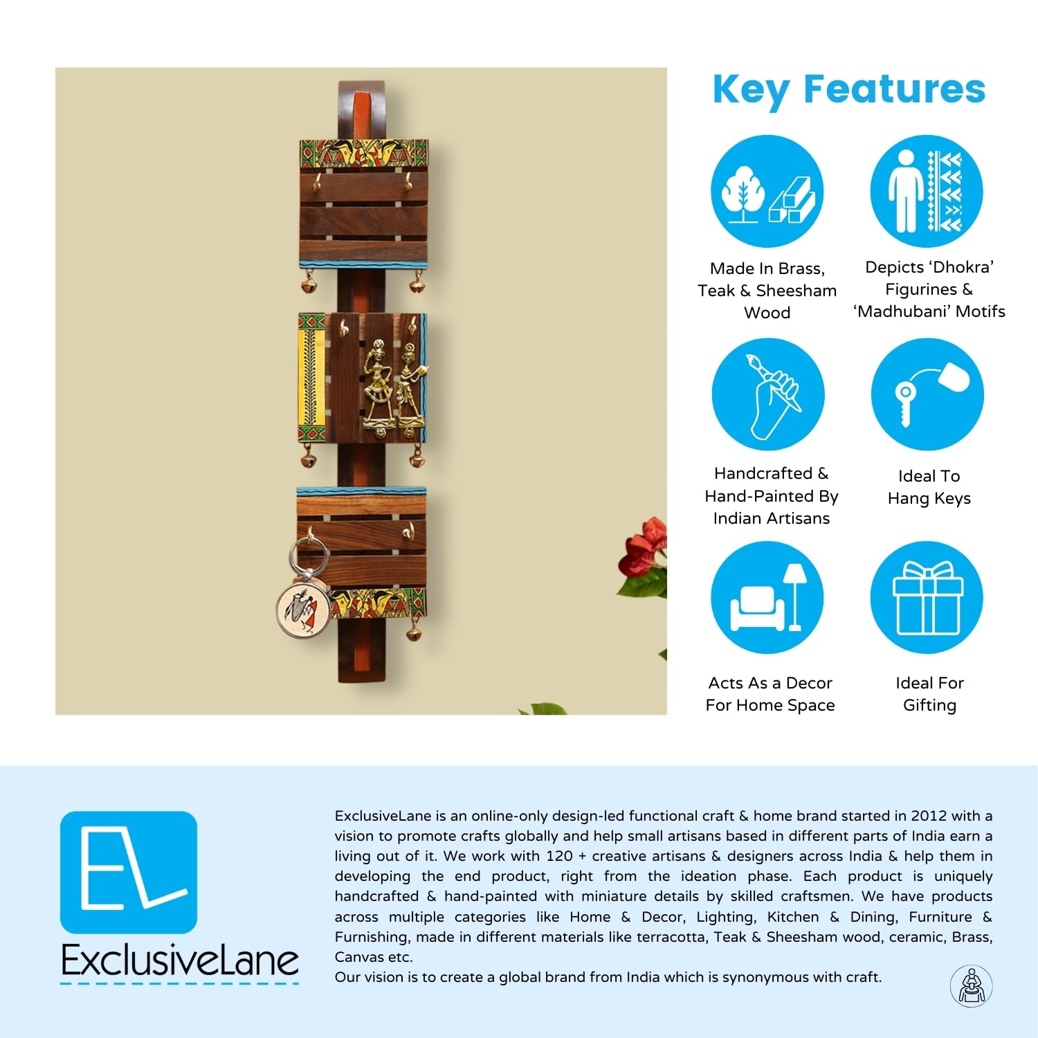Handcrafted Madhubani Wooden Key Holder - 6 Hooks Wall Mount Key Hanger for Home Décor (Teak & Sheesham Wood) | Unique Indian Folk Art Key Organizer for Entryway, Living Room & Office - Perfect Housewarming Gift