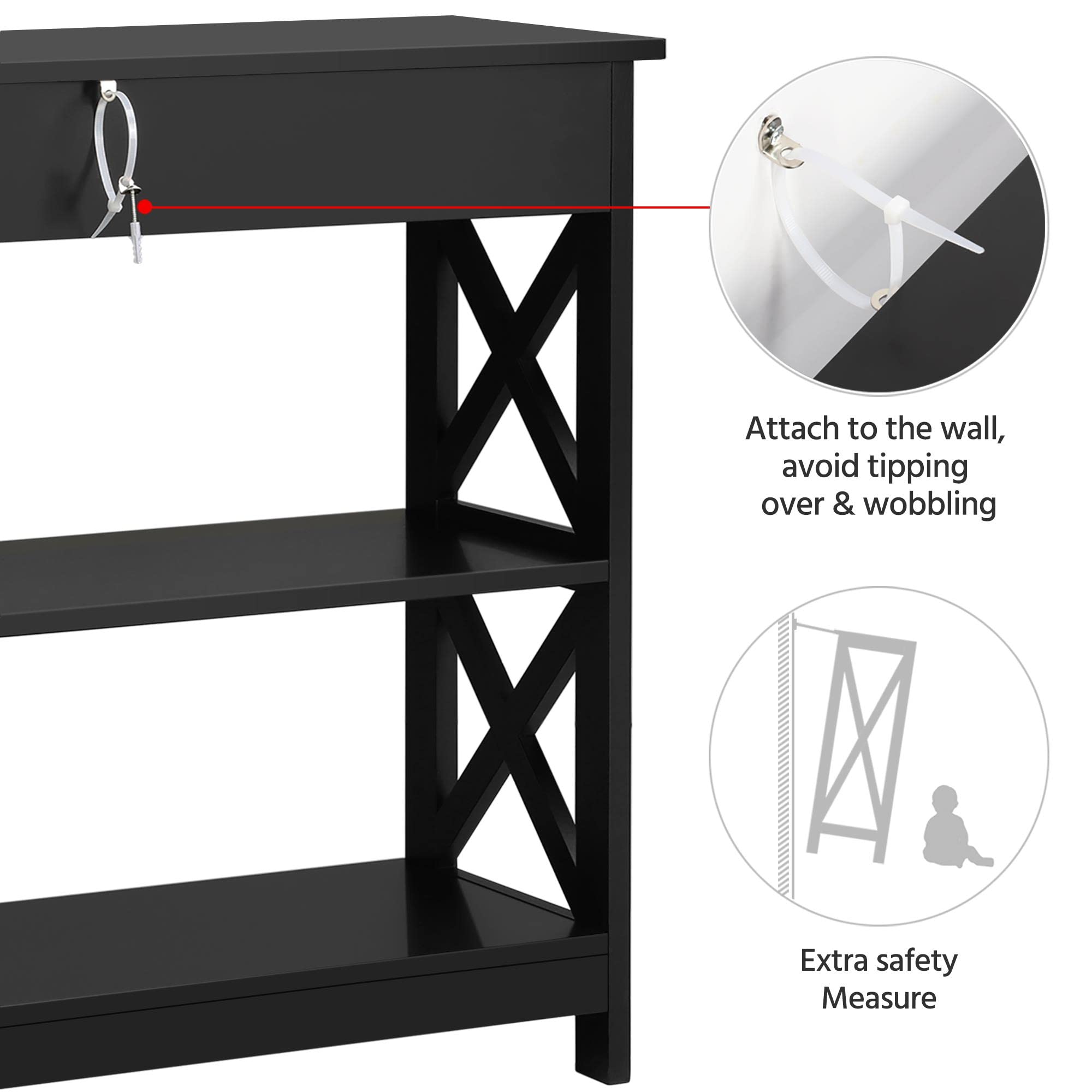 Topeakmart Narrow Console Table with 1 Drawer & 2 Open Shelves - X-Shaped Design Sofa Side Table for Entryway, Living Room, Bedroom - Black Accent Furniture for Small Spaces & Home Decor