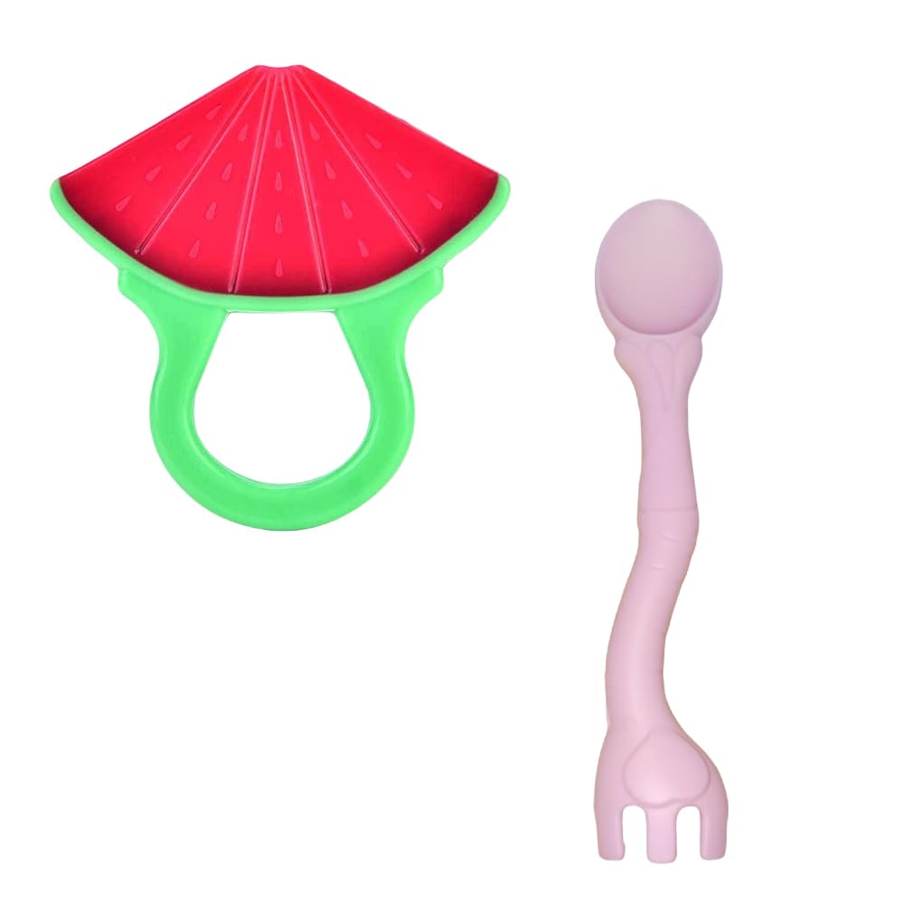 Kritiu Fruits Teether & Spoons Combo - BPA-Free Silicone Baby Feeding Set | Soft & Safe Infant Eating Utensils for 6+ Months | Watermelon Red & Pink | Perfect for Baby-Led Weaning, Teething Relief & First Foods