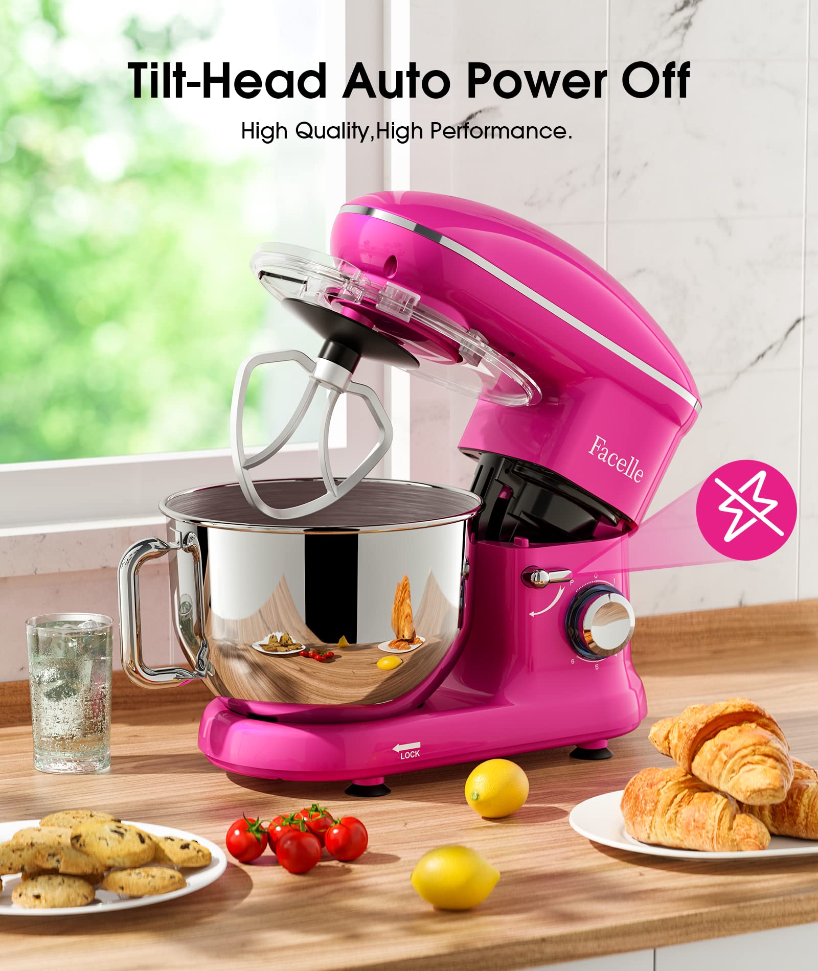 Facelle 660W 6-Speed Tilt-Head Stand Mixer with Pulse Button - 6.5QT Stainless Steel Bowl, Dough Hook, Whisk & Splash Guard - Dishwasher Safe Attachments - Purple Electric Kitchen Mixer for Baking, Cooking & Meal Prep