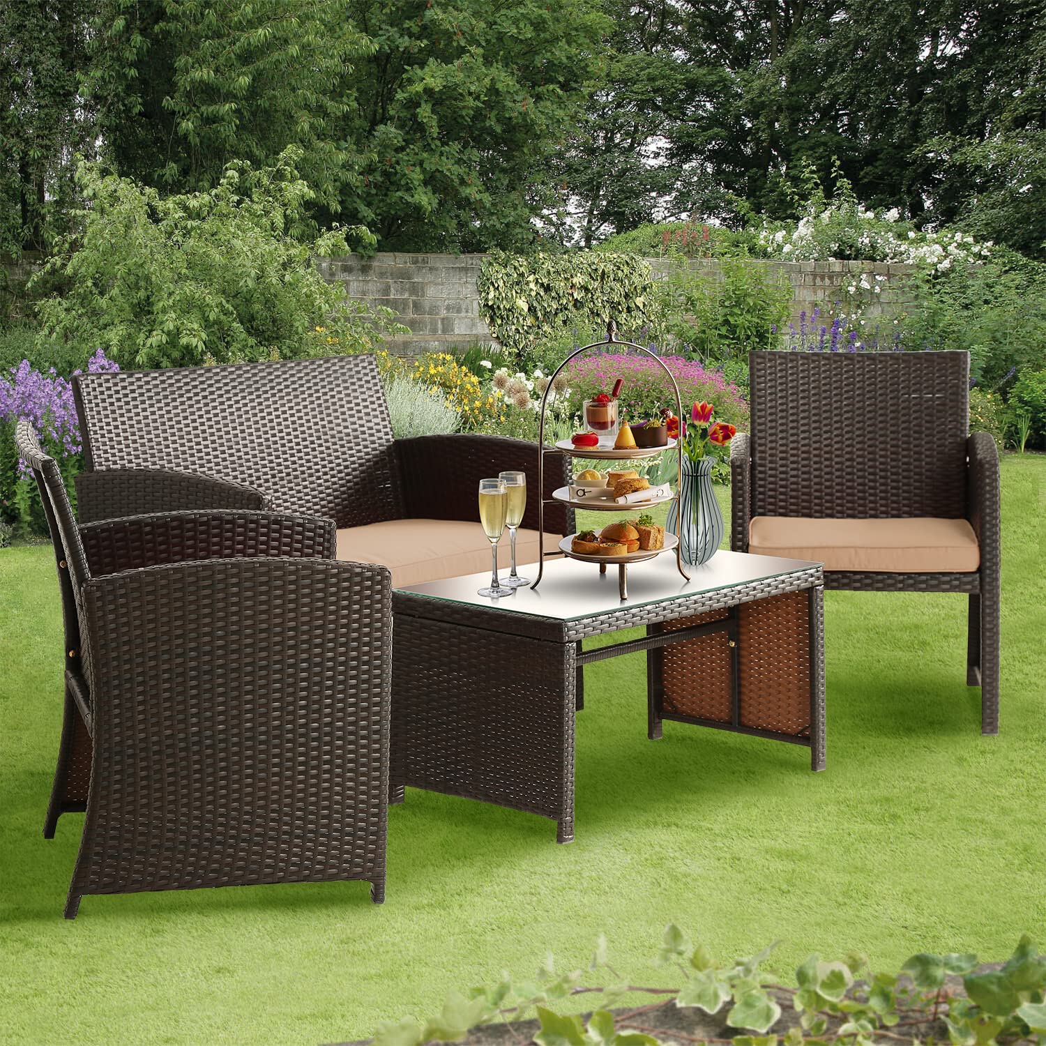 4-Piece Patio Furniture Set with Cushions - Outdoor Garden Chairs and Table for Balcony, Porch, Backyard - Durable Brown Wicker Rattan for Relaxing & Entertaining