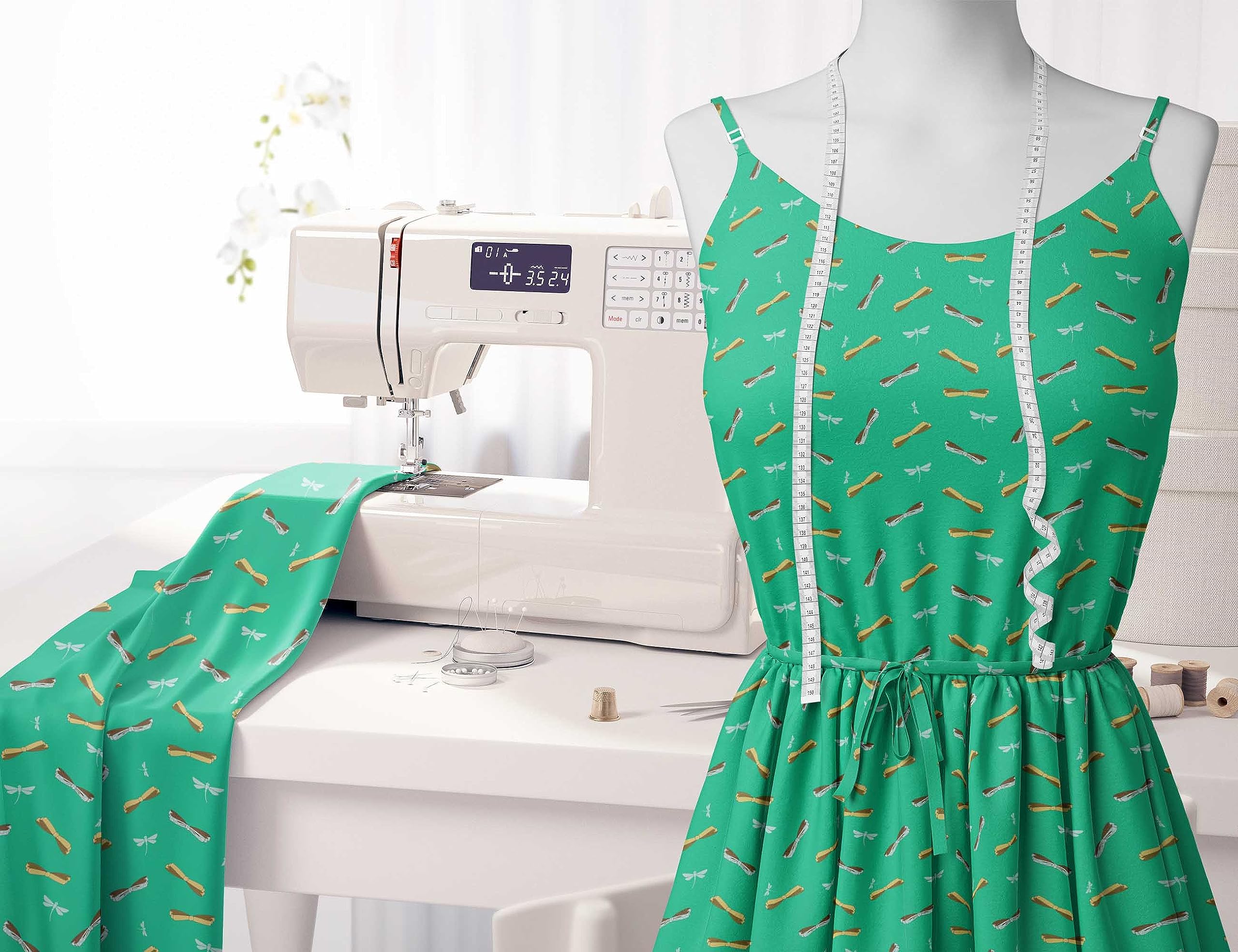 Soimoi Moss Green Georgette Fabric by The Yard - 42 Inch Wide - Bow & Dragonfly Printed Textile for Fashionable Creations - Whimsical Chic Dressmaking & DIY Crafting Material - Perfect for Dresses, Scarves, Home Decor & Sewing Projects