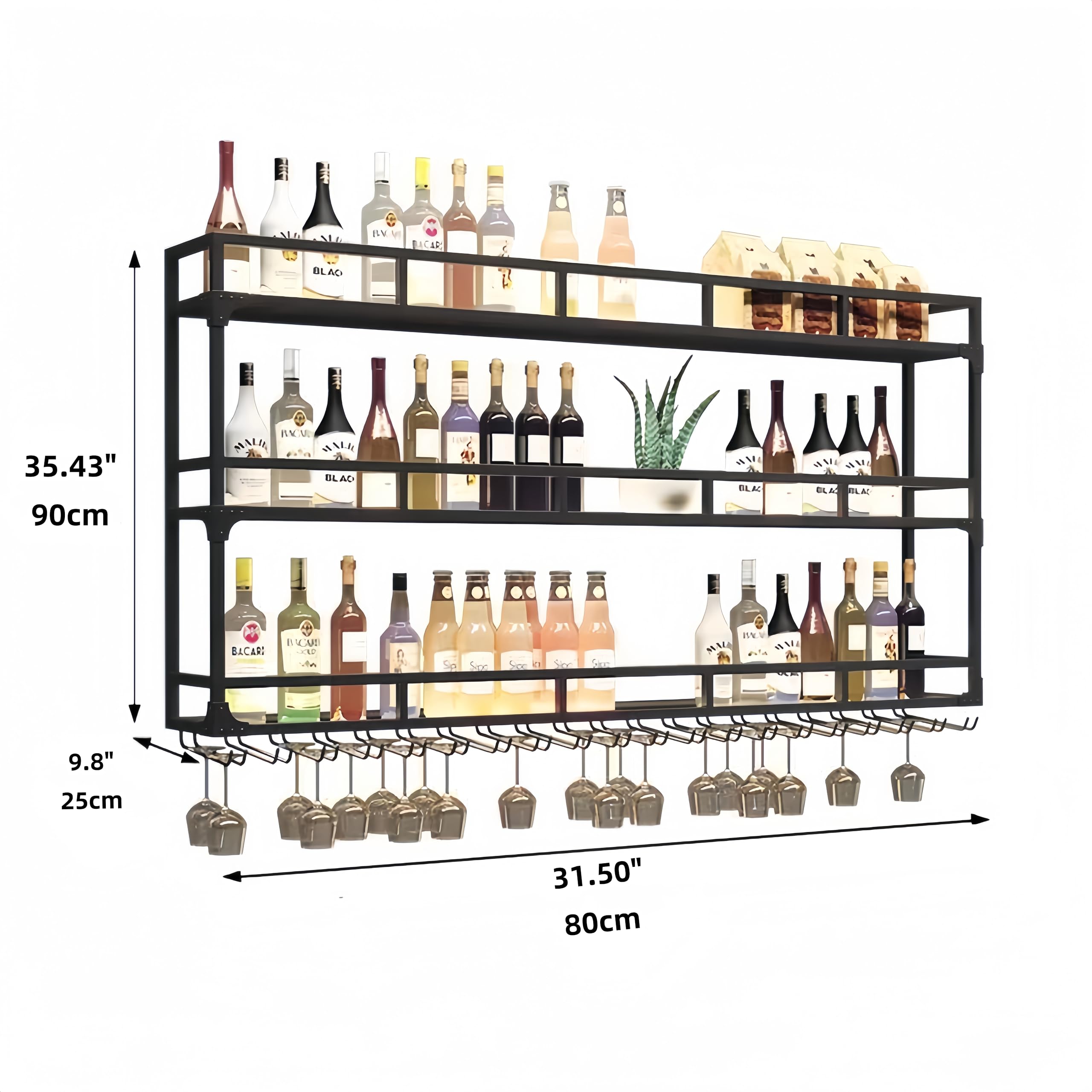 31 Inch Black Metal Wall Mounted Wine Rack with LED Lights - 3-Tier Bar Shelf for Liquor Bottles, Hanging Mugs & Wine Glasses - Perfect for Home Bars, Kitchen Decor & Entertaining Spaces