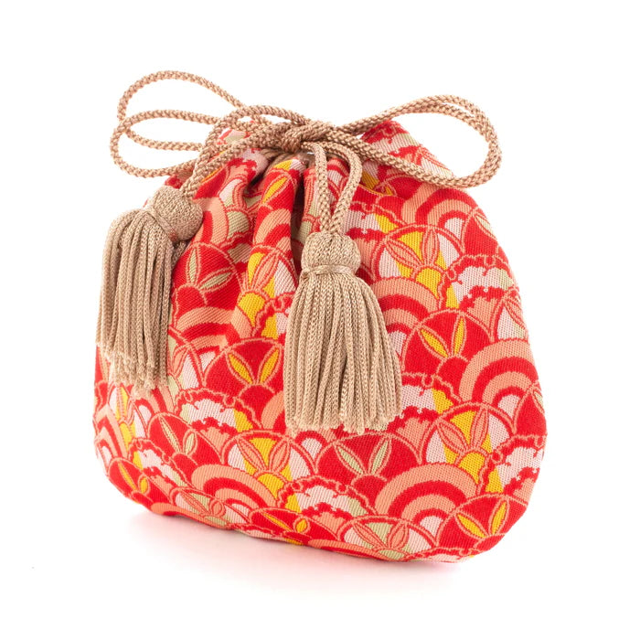 Handmade Nishijin Ori Small Drawstring Rabbit Purse - Red Kyoto Japanese Traditional Craft Bag for Gifts, Cosmetics & Jewelry Storage