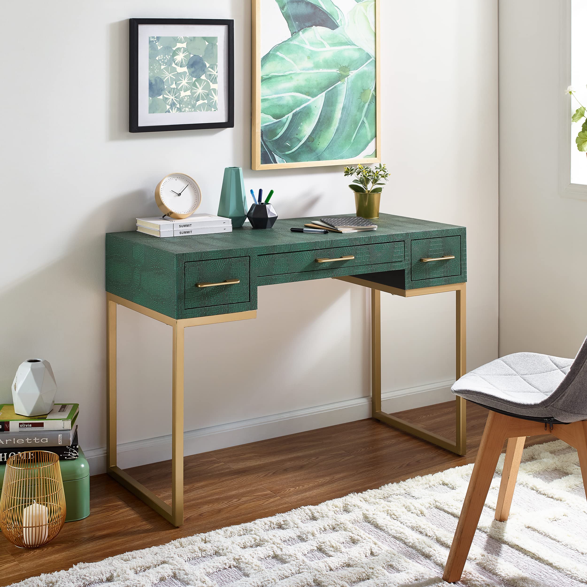 SEI Furniture Carabelle Emerald and Gold Writing Desk with Drawers - Elegant Green Home Office Desk for Study, Work & Small Spaces - Perfect for Modern Home Office, Dorm Room or Bedroom Workspace