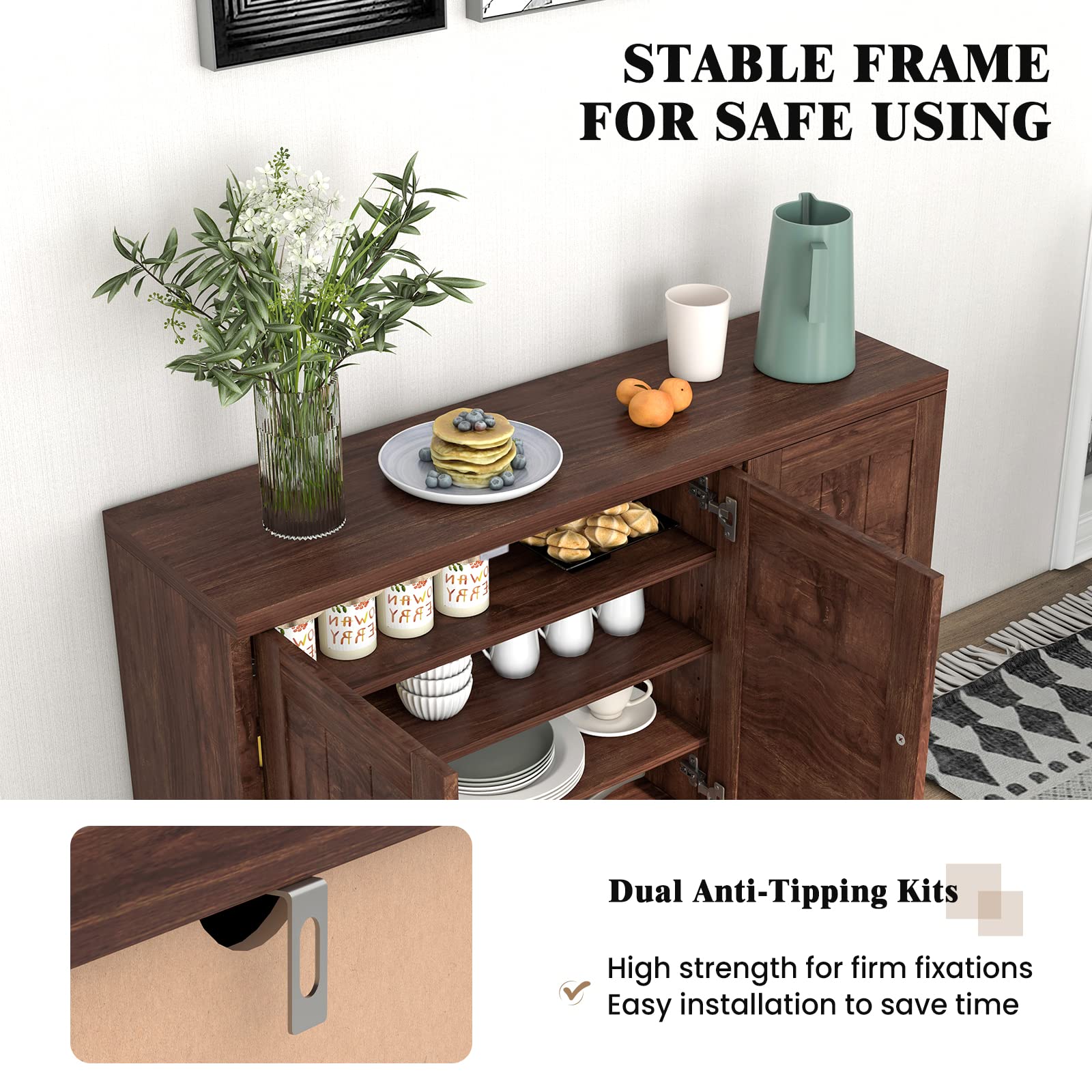Giantex 3-Door Buffet Cabinet with Adjustable Shelves & Cable Management - Kitchen Storage Cupboard, Coffee Bar Console for Living Room - Anti-Tip Design, Brown (Perfect for Dining Room Storage & Home Organization)