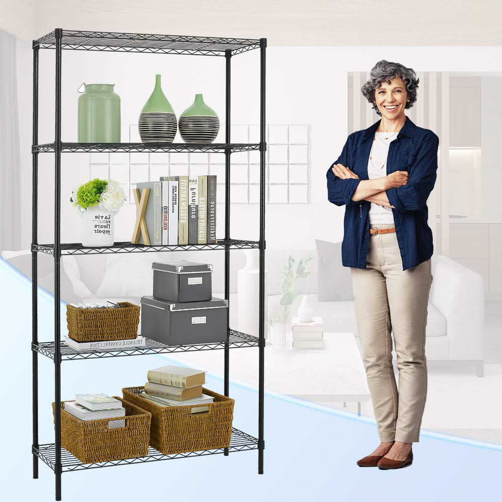 NSF Certified 5-Tier Heavy Duty Adjustable Wire Shelving Unit - Commercial Grade Steel Storage Rack for Garage, Kitchen, Bathroom & Bedroom Organization (Black) | Perfect for Pantry Storage, Closet Organization & Commercial Use