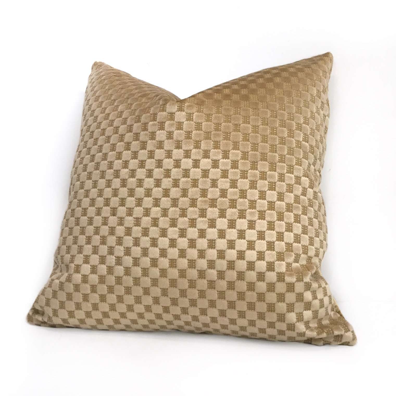 Robert Allen Camel Beige Checkered Box Cut Velvet Pillow Cover - Luxury Home Decor for Sofa, Bed & Living Room