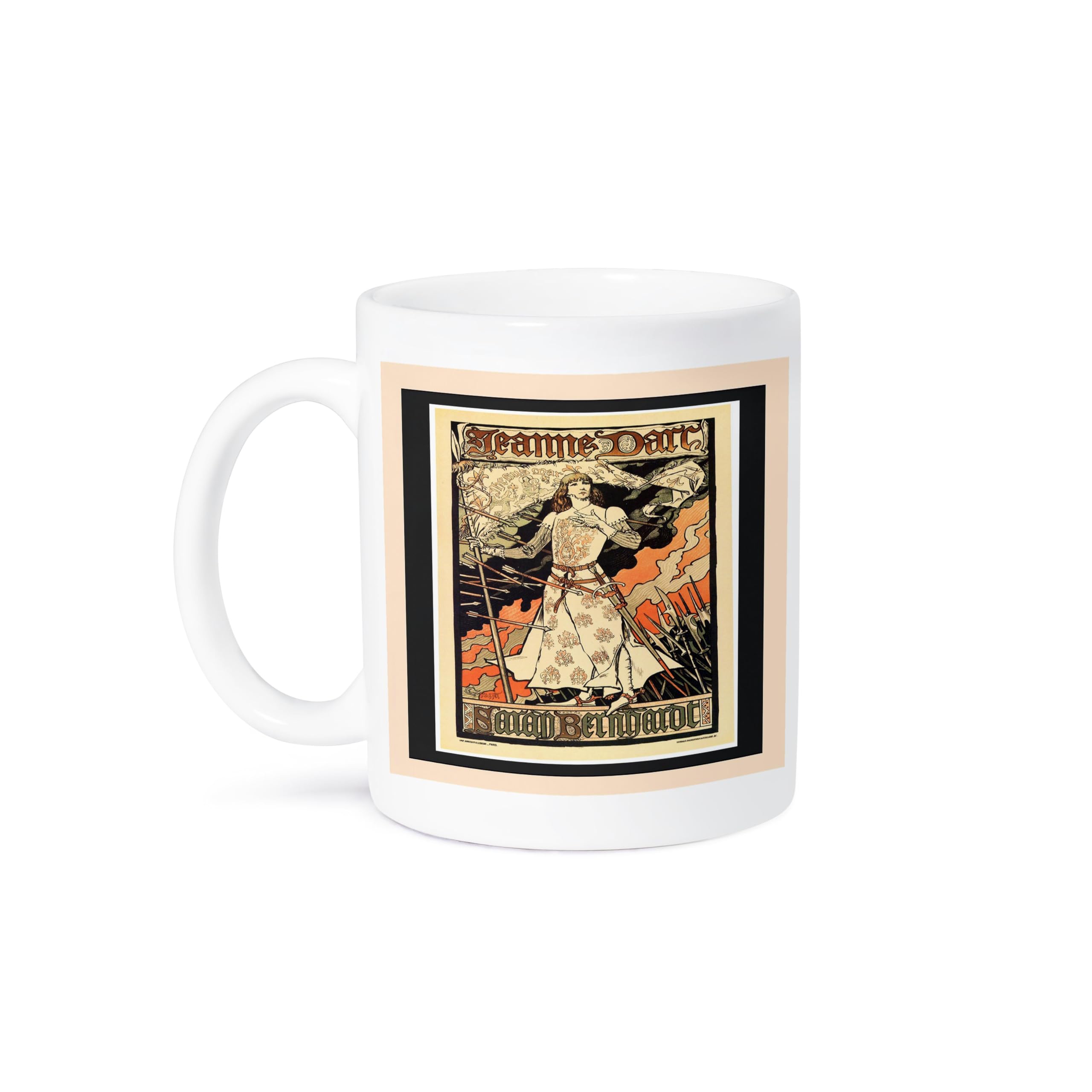 3dRose Joan of Arc Art Nouveau Poster Ceramic Mug - 11-Ounce Peach & Black Framed Coffee Cup - Perfect for Home, Office & Gift Giving