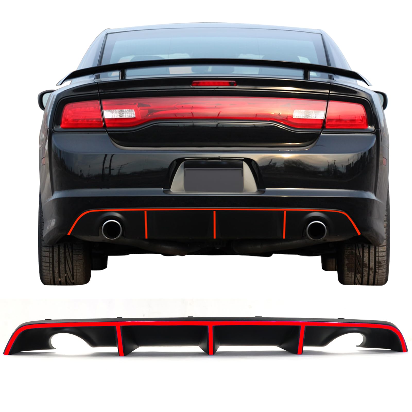 IKON MOTORSPORTS Rear Bumper Lip Diffuser for 2012-2014 Dodge Charger SRT8 | Factory Style PP Splitter with Red Reflective Tape | Lower Valance Spoiler Body Kit | Perfect for Street Racing & Car Shows