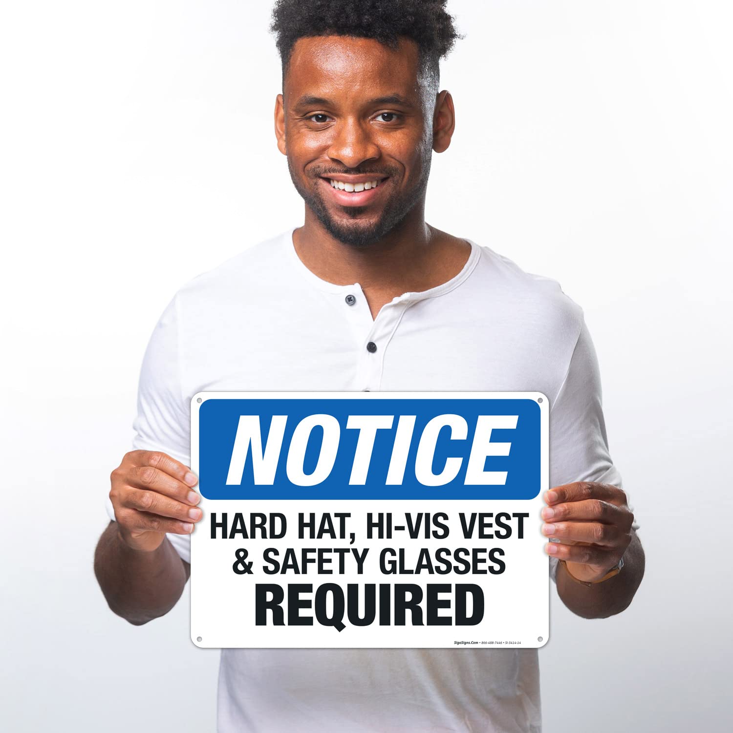 OSHA Compliant Hard Hat Hi-Vis Vest & Safety Glasses Required Sign - 10x14 Inches Rust-Free .040 Aluminum Safety Sign - Fade Resistant for Indoor/Outdoor Use - Made in USA - Perfect for Construction Sites, Warehouses & Industrial Facilities