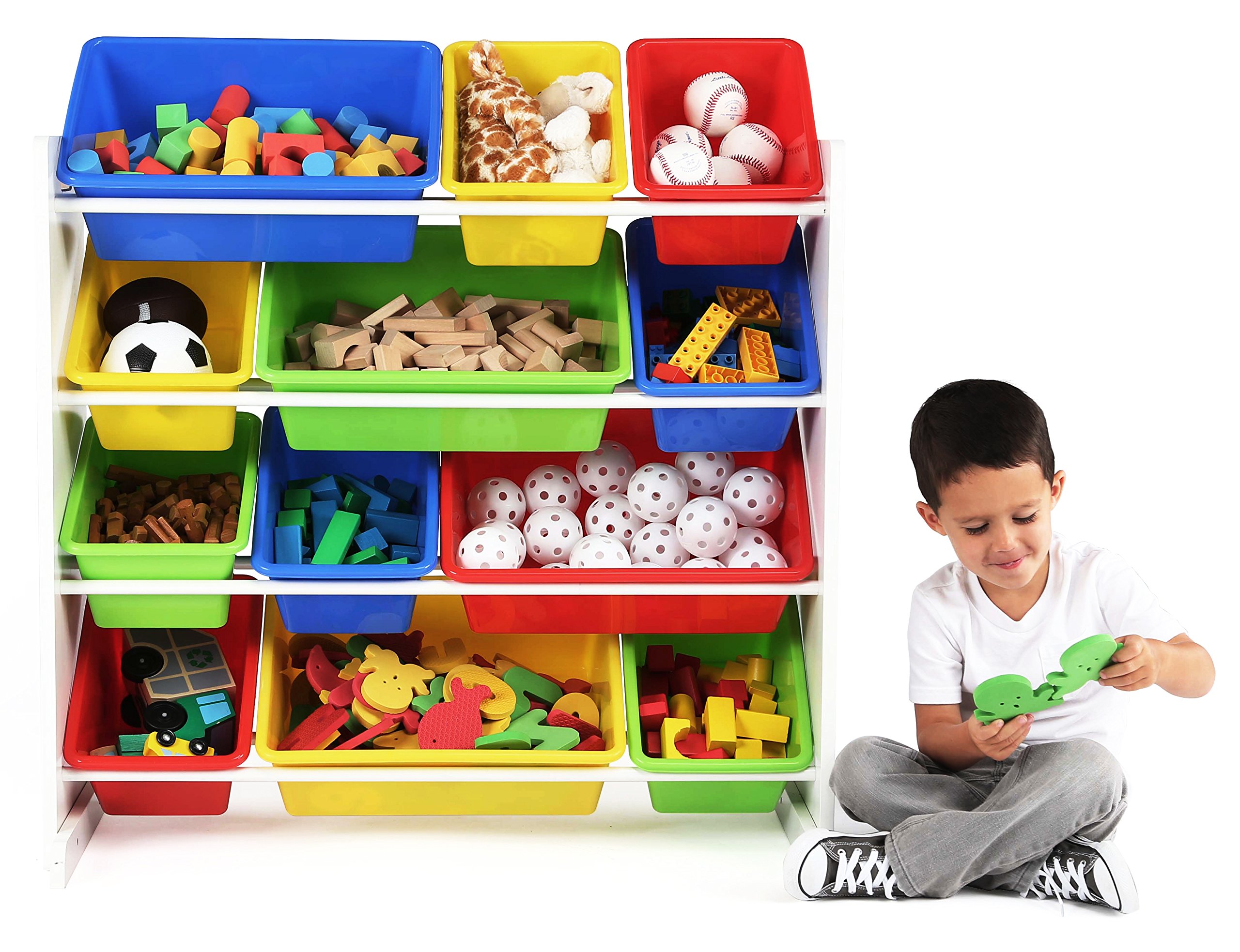 Humble Crew White & Primary Kids Toy Storage Organizer with 12 Plastic Bins & Book Rack - Perfect for Nursery, Playroom & Classroom Organization