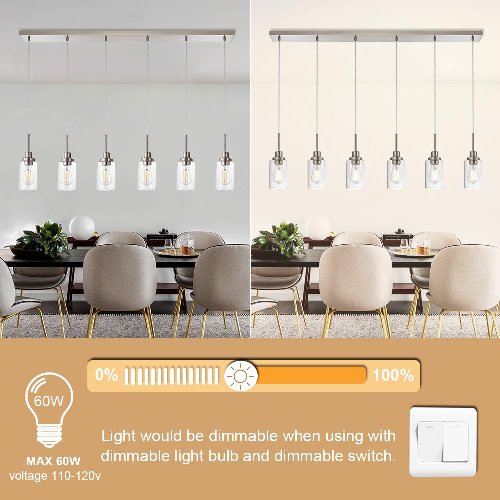 6-Light Brushed Nickel Pendant Lighting for Kitchen Island - Adjustable Hanging Wire & Clear Glass Shades - Perfect for Dining Room, Bar Counter, and Modern Kitchen Decor
