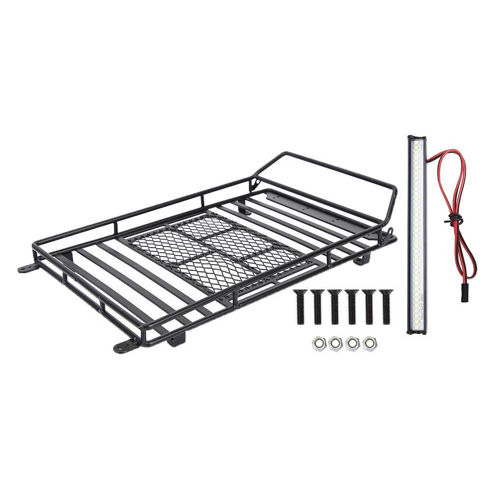 1/10 SCX10 RC Crawler Car Metal Roof Rack with LED Light - Heavy Duty Luggage Carrier Accessory for Off-Road Adventure & Camping Trips