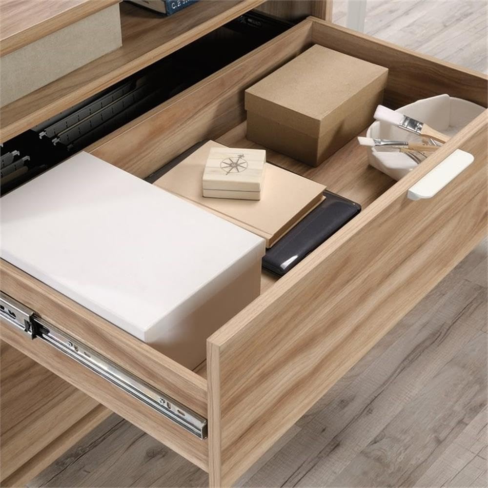 Pemberly Row Engineered Wood L-Shape Desk in Kiln Acacia Brown - Modern Home Office Desk for Small Spaces, Gaming & Study - Sturdy Workstation with Storage Shelf