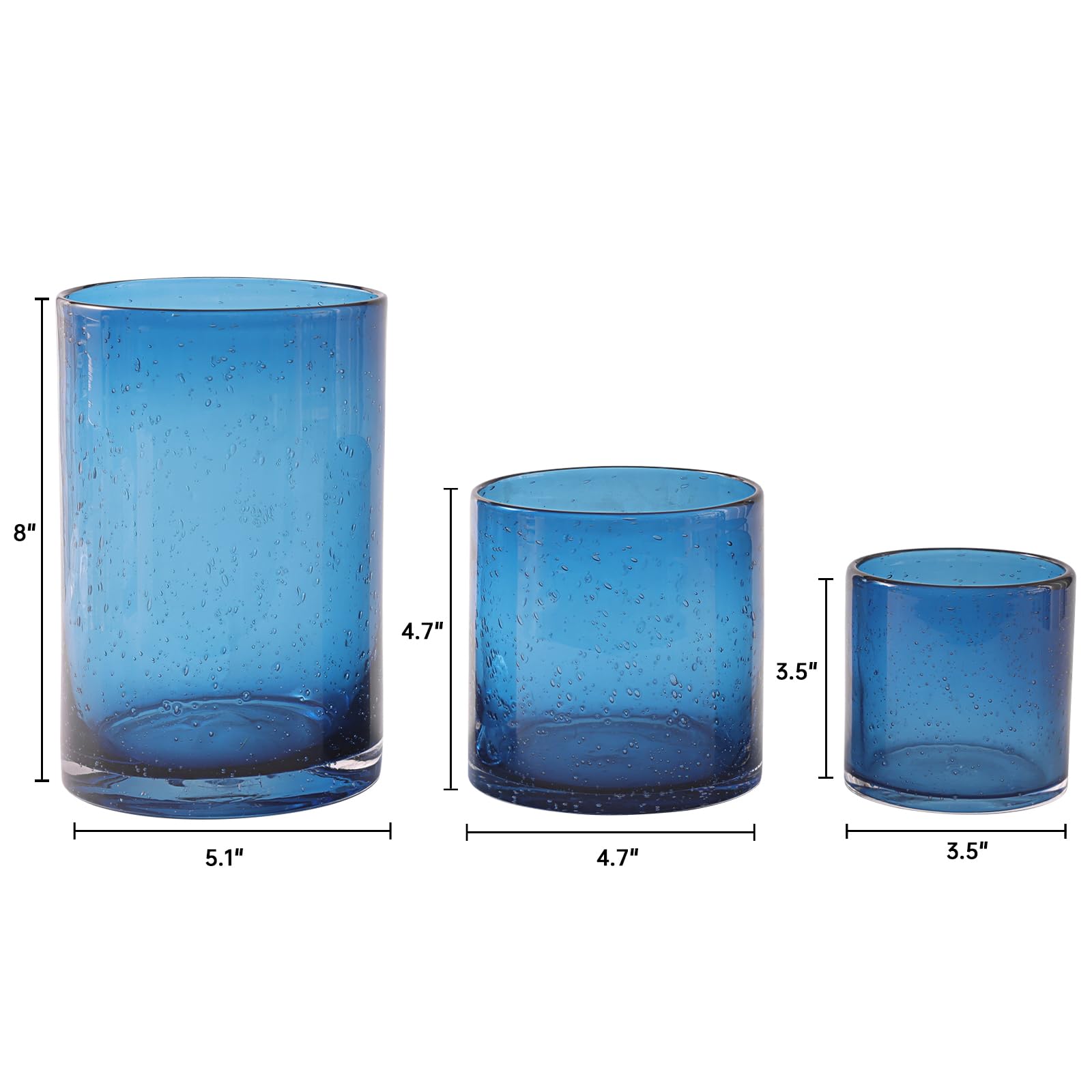 Blue Glass Hurricane Candle Holders Set of 3 - Seeded Bubbles Pillar Candle Holders 8