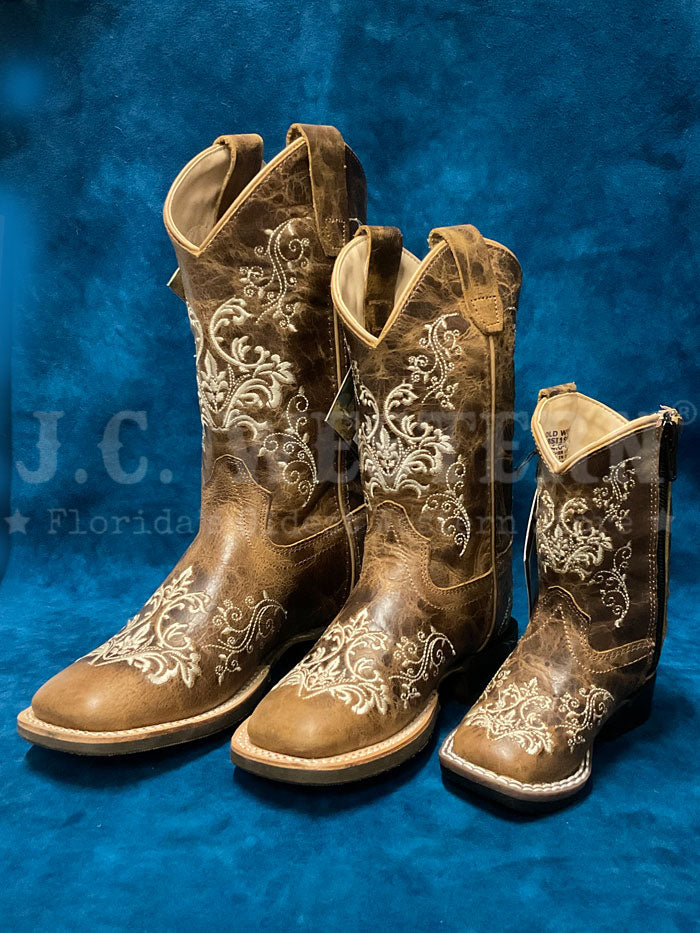 Old West 1958 Kids Embroidered Square Toe Western Boots - Brown Leather Cowboy Boots for Boys & Girls - Perfect for Rodeo, Country Dance & Western Themed Parties
