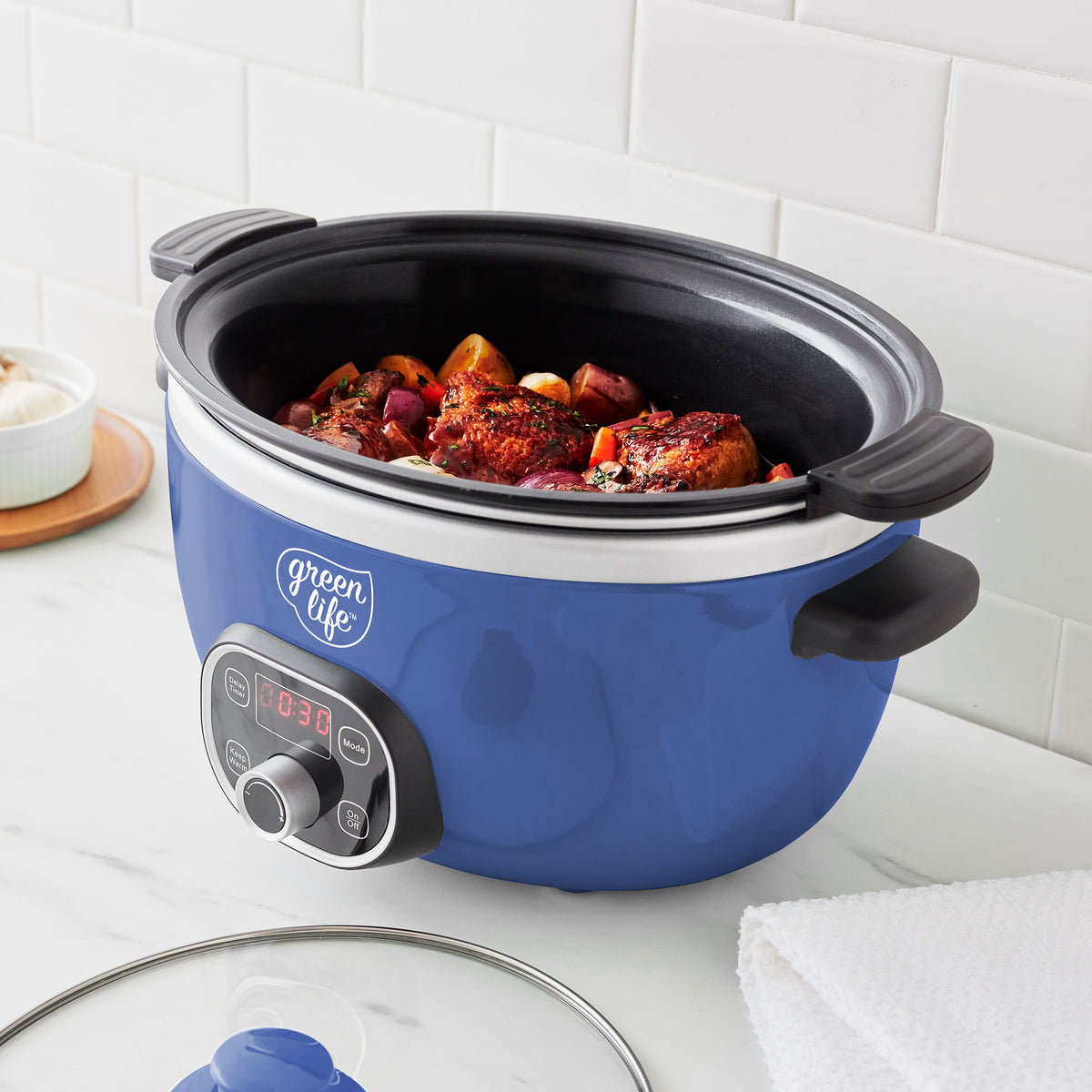 GreenLife Healthy Duo 6 Quart Slow Cooker with Removable Pot - Blue | Energy Efficient Slow Cooker for Soups, Stews & Meal Prep | Perfect for Family Dinners & Potlucks
