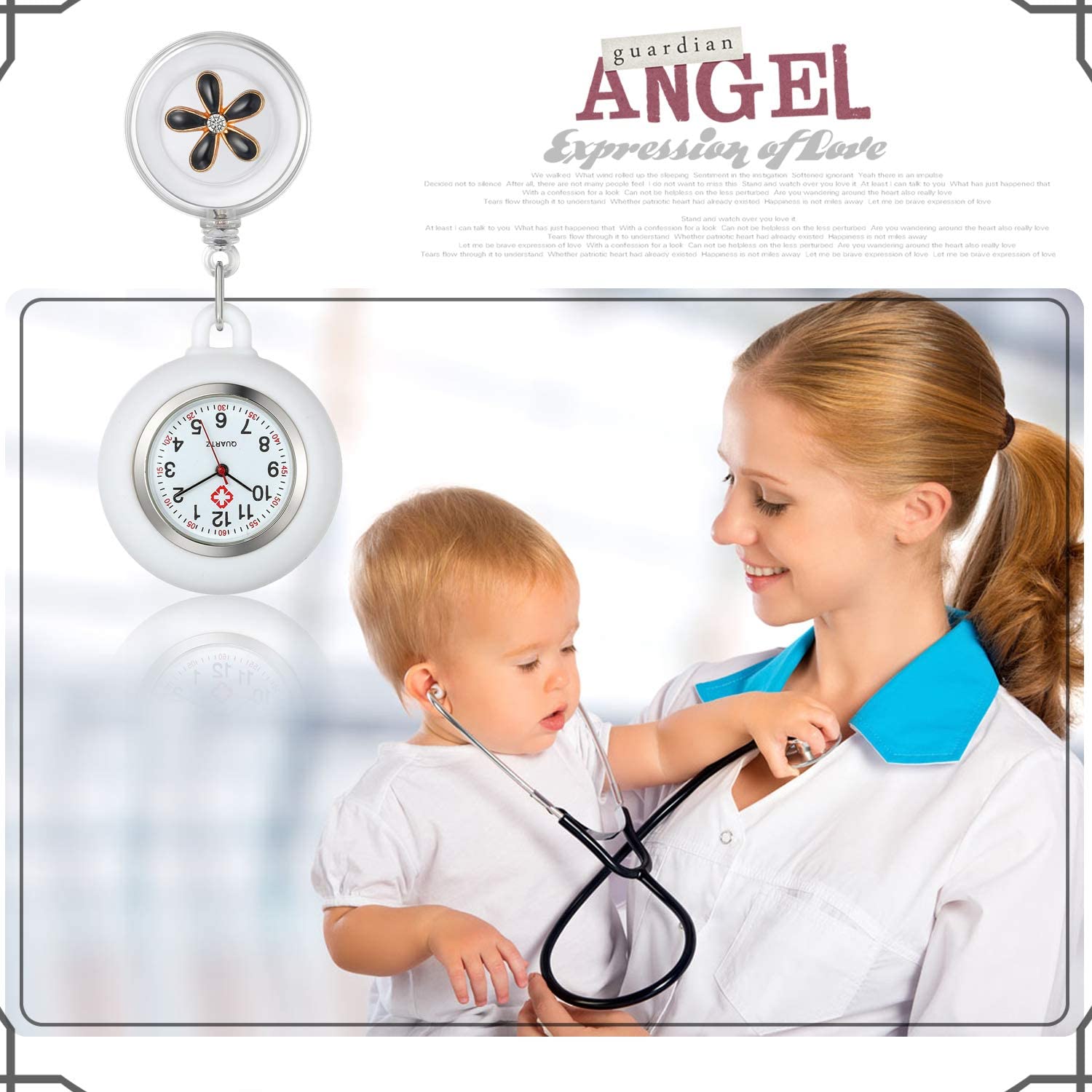 Lancardo Nurse Watch Clip-On - Stylish White Silicone Lapel Watch with Leaf Pattern for Medical Professionals | Perfect for Doctors, Nurses & Healthcare Workers | Attaches to Scrubs, Stethoscope or Badge Holder