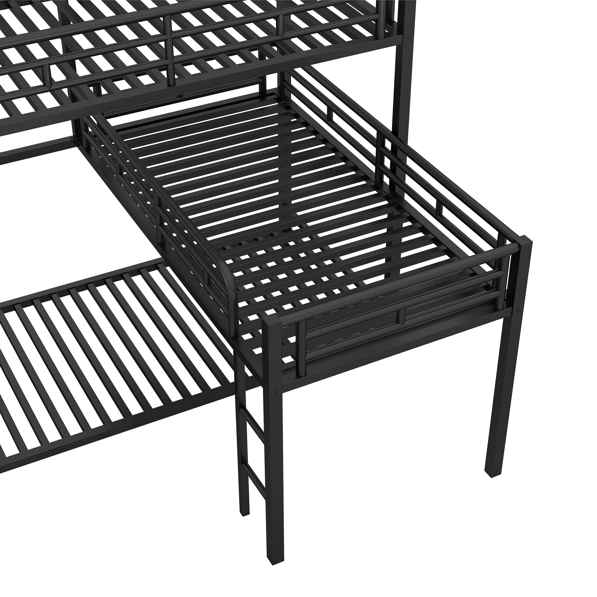 Twin Over Twin L-Shaped Metal Triple Bunk Bed with Ladder & Full-Length Guardrails - 3-in-1 Kids & Teens Bunk Bed in Black | Perfect for Small Bedrooms, Sleepovers & Space-Saving Solutions