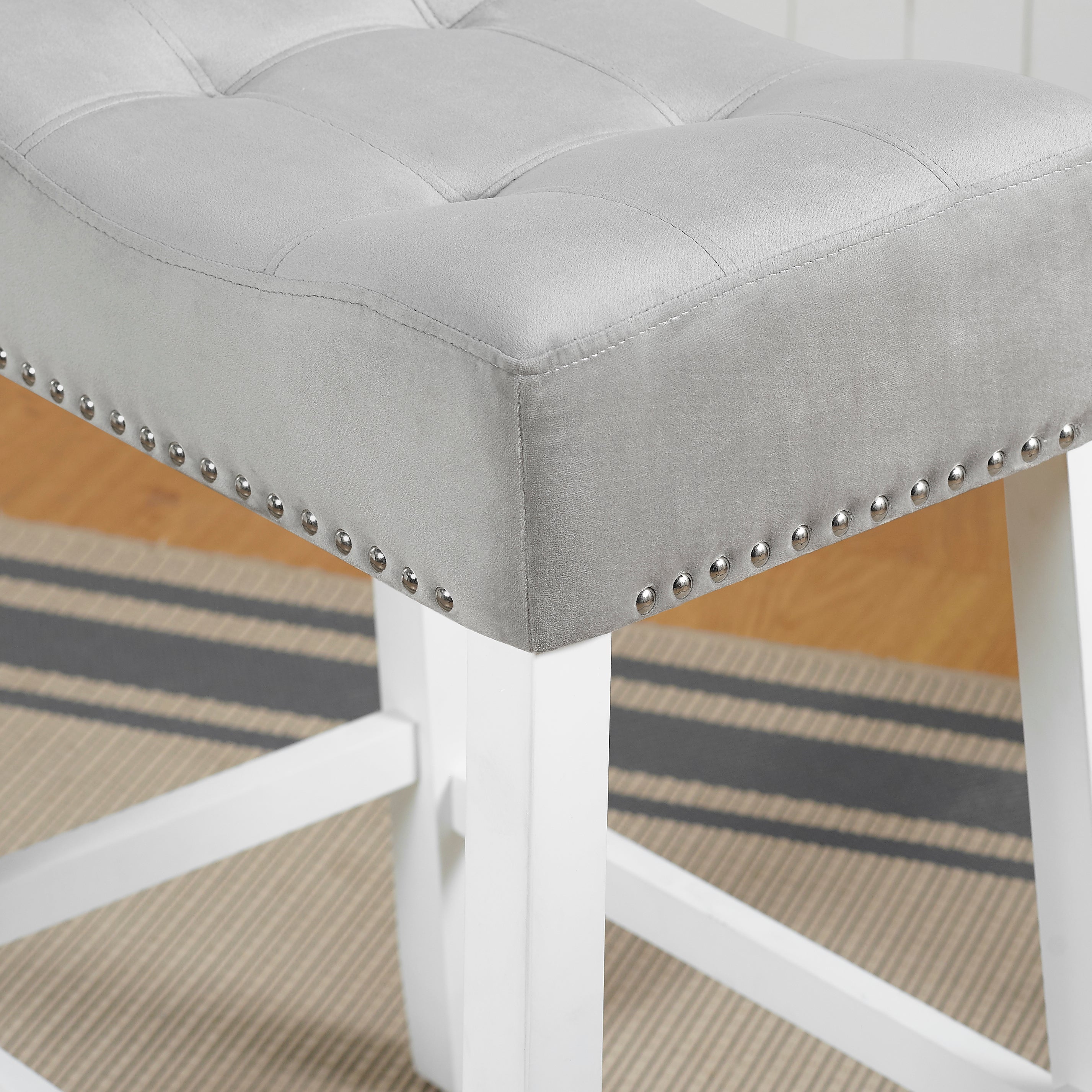 Roundhill Furniture Morovo Set of 2 Velvet Counter Height Bar Stools with Tufted Saddle Seats - White Wash Finish & Gray Upholstery - Perfect for Kitchen Islands, Breakfast Bars & Home Decor