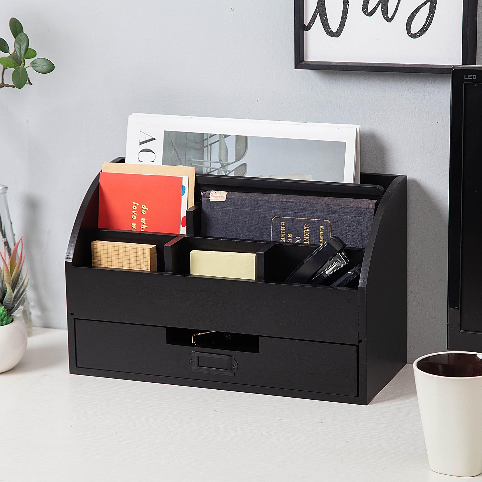 Rustic Wooden Office Desk Organizer with 5 Compartments & 2 Drawers - Desktop Mail Rack for Pens, Notebooks, Folders, Pencils & Office Supplies (Black) - Perfect for Home Office, Study Desk & Workspace Organization