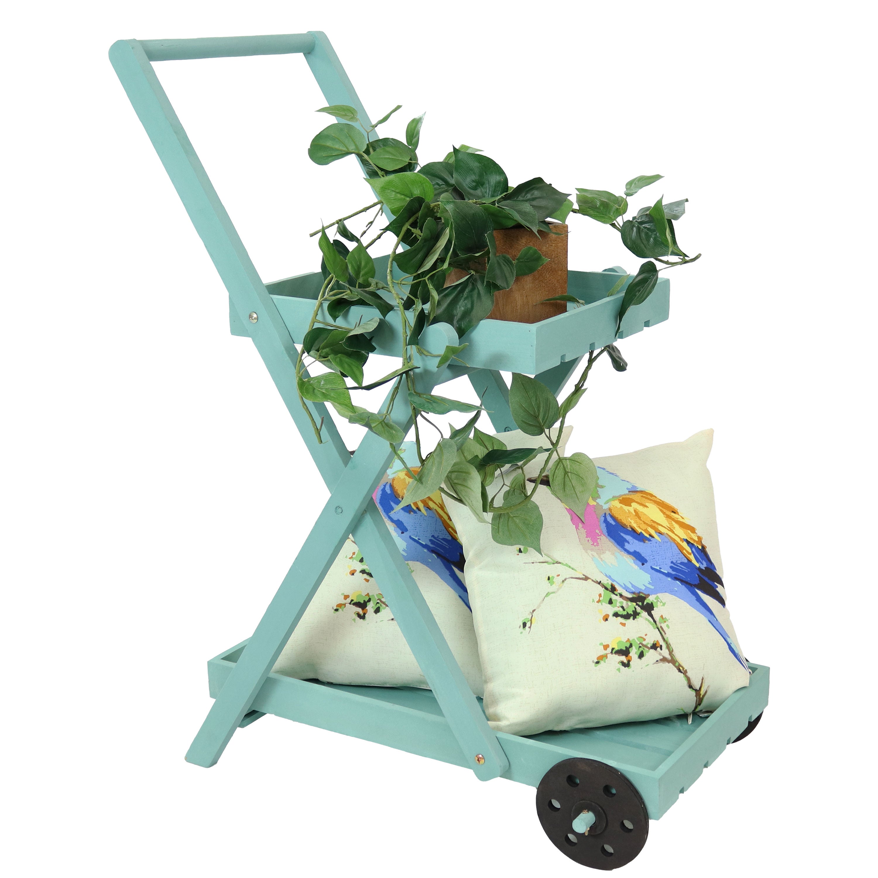 2-Tiered Flower Garden Cart by Sunnydaze - 34 Inch Height, Robin Egg Blue - Perfect for Outdoor Gardening, Patio Decor & Plant Transport