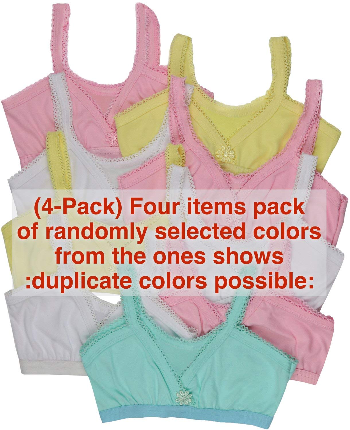 ToBeInStyle Girls 4-Pack Stretchy Crochet Trim Fold-Over Cami Training Bras for Teens - Soft Comfort Bras for School, Sports & Everyday Wear