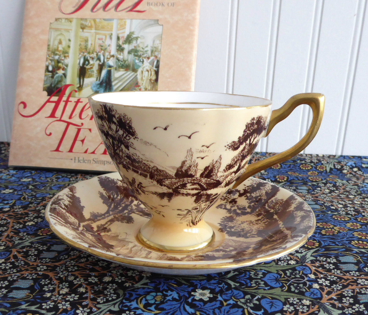 Vintage Peach Toile Landscape Tea Cup and Saucer Set - Taylor & Kent England 1930s Antique Porcelain - Perfect for Afternoon Tea, Collectible Display & English Cottage Decor