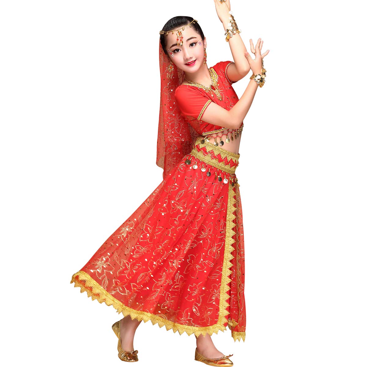 Belly Dance Costume Bollywood Dress - Elegant Chiffon Dance Outfit with Head Veil for Girls, Perfect for Halloween, Parties, and Performances