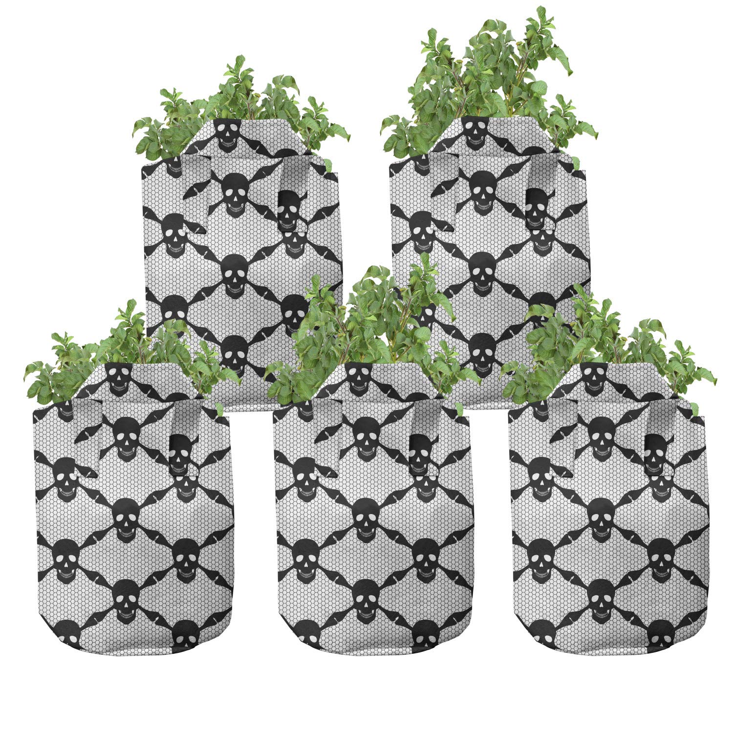 Ambesonne 5-Pack Gothic Halloween Plant Grow Bags - 7 Gallon Heavy Duty Fabric Pots with Handles, Black White Skull Design for Indoor/Outdoor Gardening, Perfect for Halloween Decor & Plant Lovers