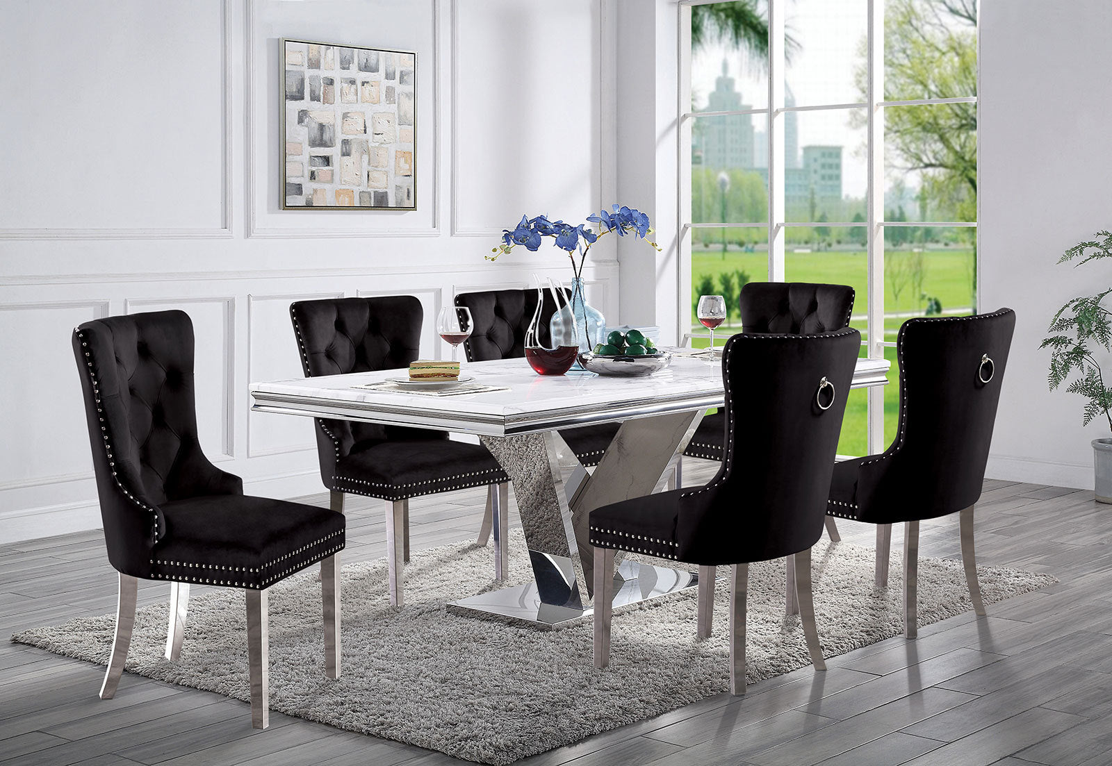 Modern Black Flannel 2-Piece Side Chairs Set - Button Tufted Upholstered Dining Chairs with Wingback Design for Living Room, Dining Room & Home Office