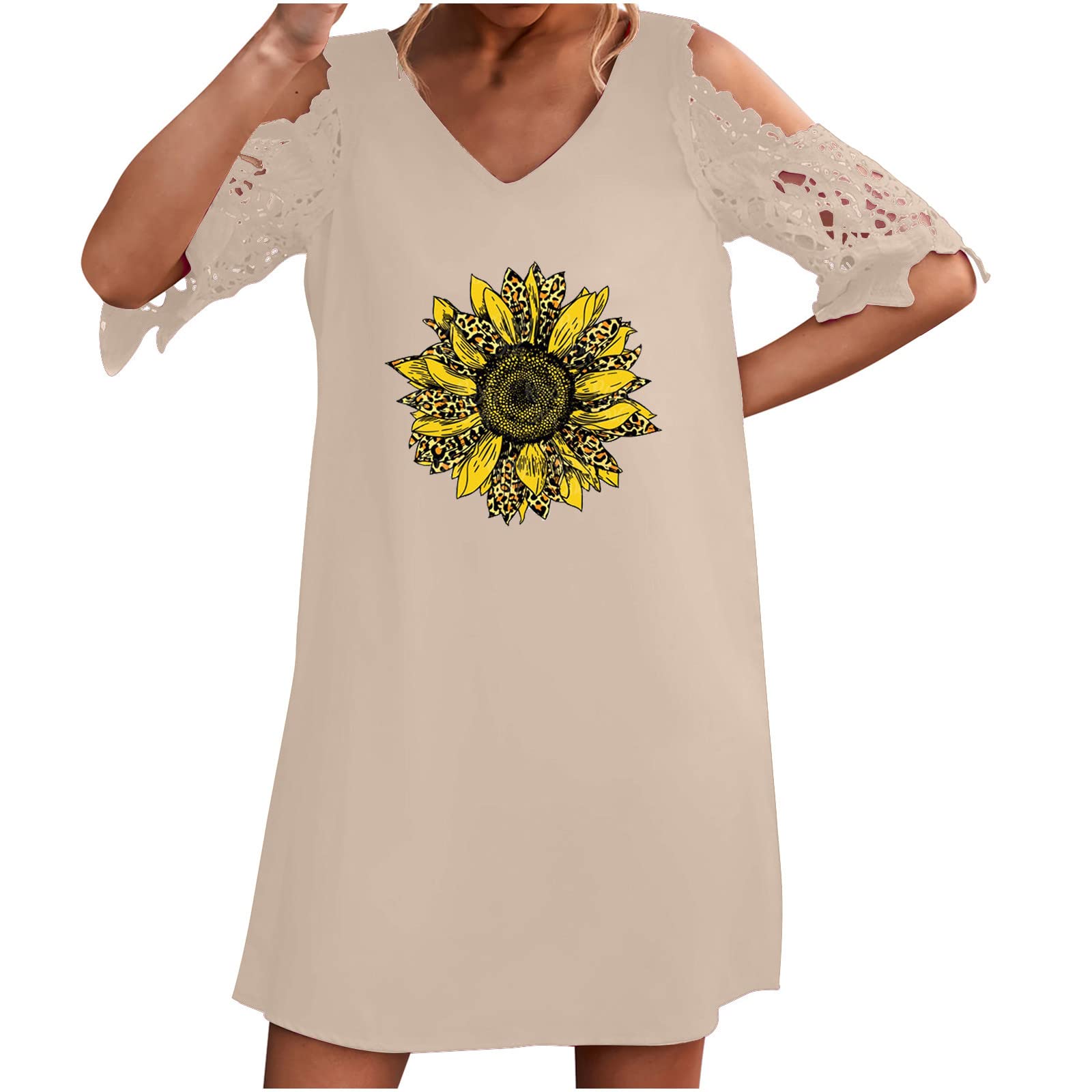 Women's Summer Cold Shoulder Lace Crochet Dress - Short Sleeve V-Neck Shift Dress for Casual Wear, Parties & Beach Outings | Flowy Loose Fit T-Shirt Style