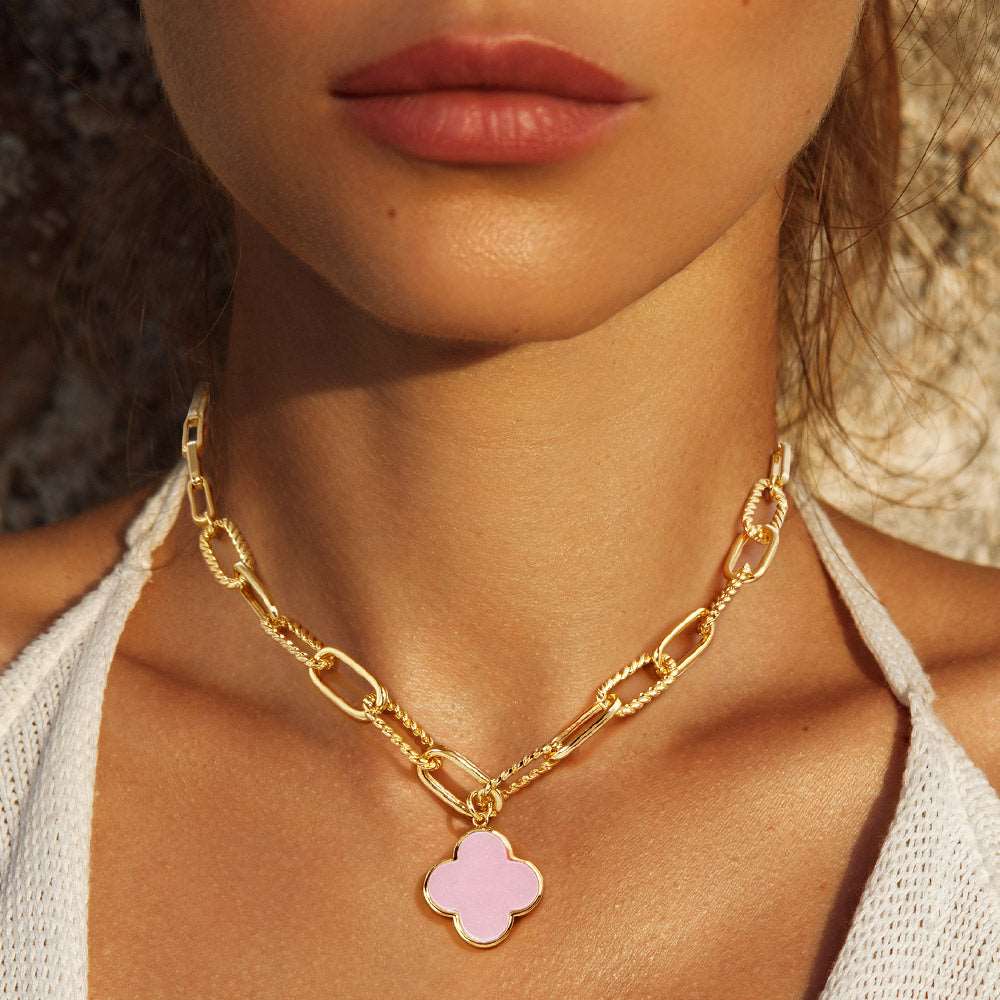 Elegant Pink Gold Dipped Quatrefoil Pendant Toggle Necklace for Women - Fashion Jewelry Gift for Birthday, Anniversary & Valentine's Day - Perfect for Casual Wear, Date Night & Special Occasions