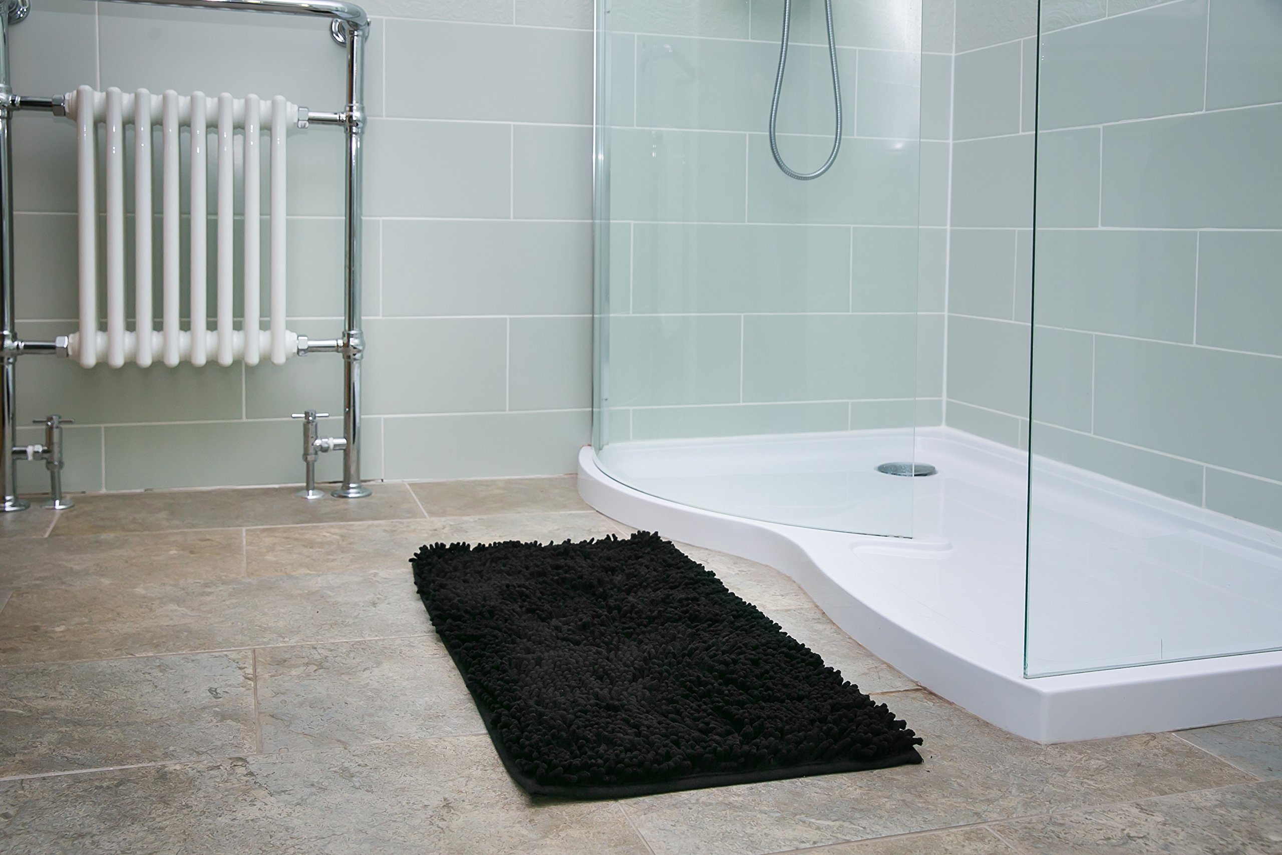 AIREEFAIREE Super Soft Chenille & Foam Bath Mat - Non-Slip, Washable Bathroom Rug for Shower, Toilet & Vanity - Black
